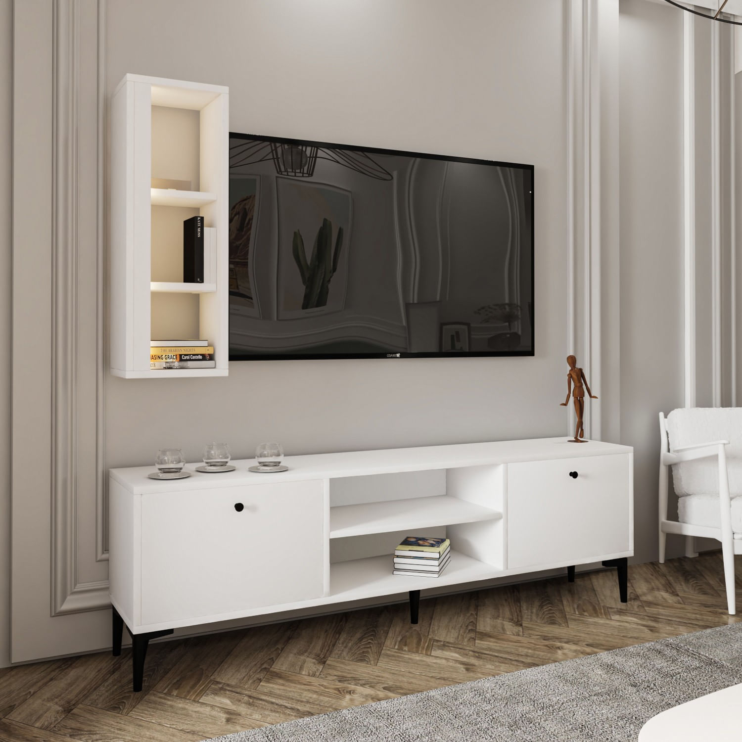 Comoda tv, Hanah Home, pal melaminat, alb, 150x48x29.6 cm — imaginea 6