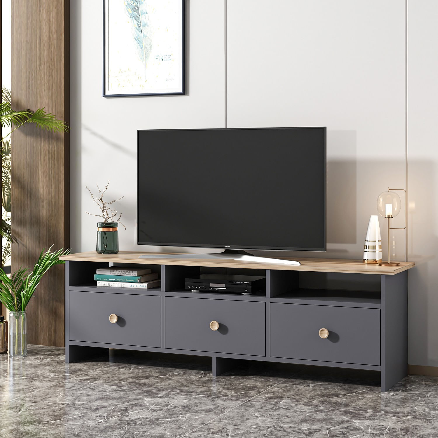 Comoda tv, Hanah Home, pal melaminat, antracit si stejar, 150x47x36 cm — imaginea 3