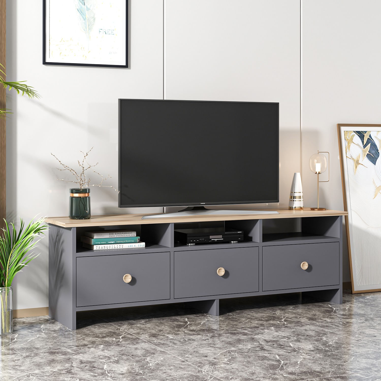 Comoda tv, Hanah Home, pal melaminat, antracit si stejar, 150x47x36 cm — imaginea 4