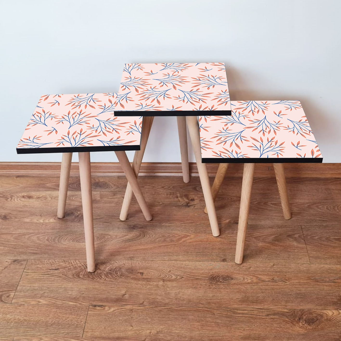 Set masute de cafea, Hanah Home, mdf, albastru marin si somon, 35x35x52 cm