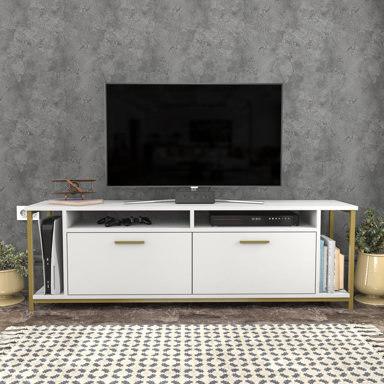 Comoda tv, Hanah Home, pal melaminat, alb auriu, 160x35x50.8 cm — imaginea 3