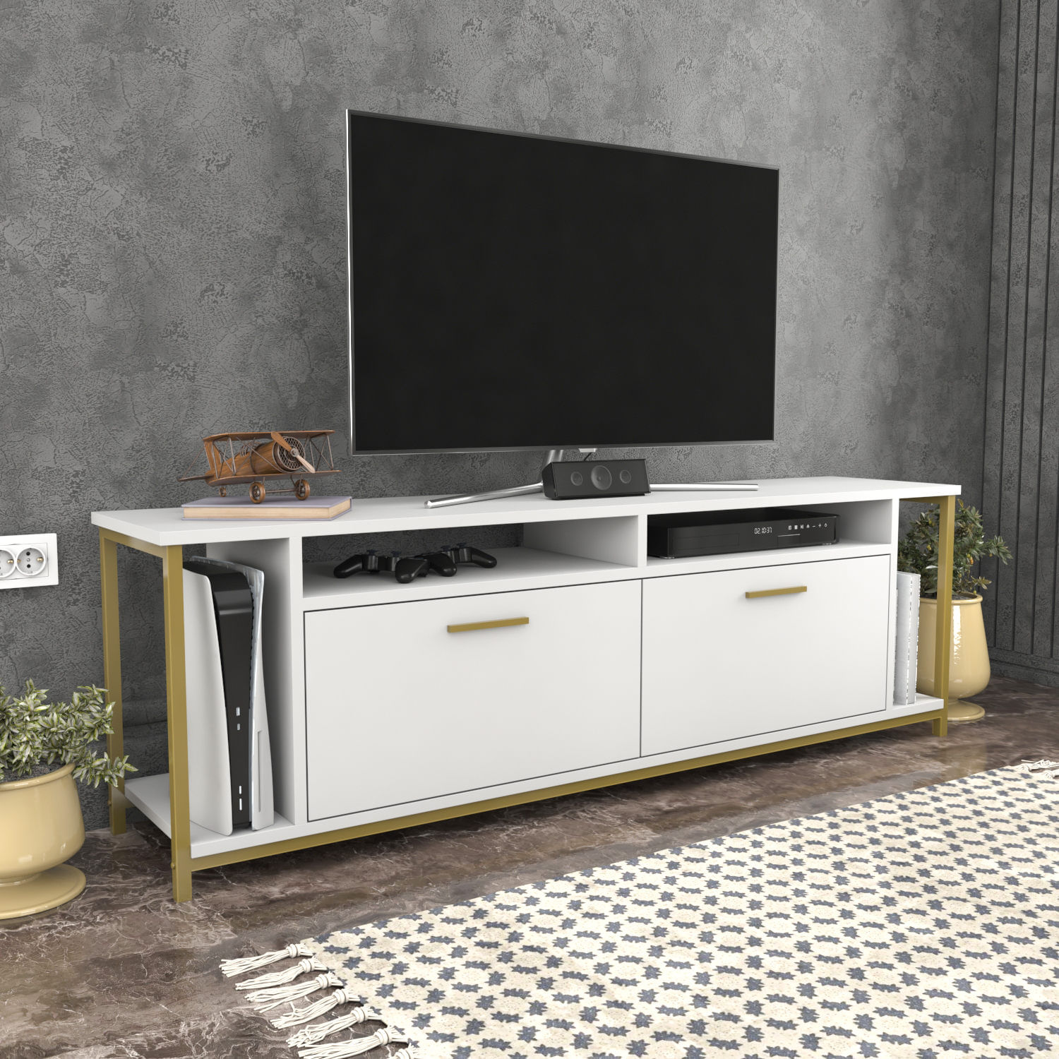 Comoda tv, Hanah Home, pal melaminat, alb auriu, 160x35x50.8 cm — imaginea 5