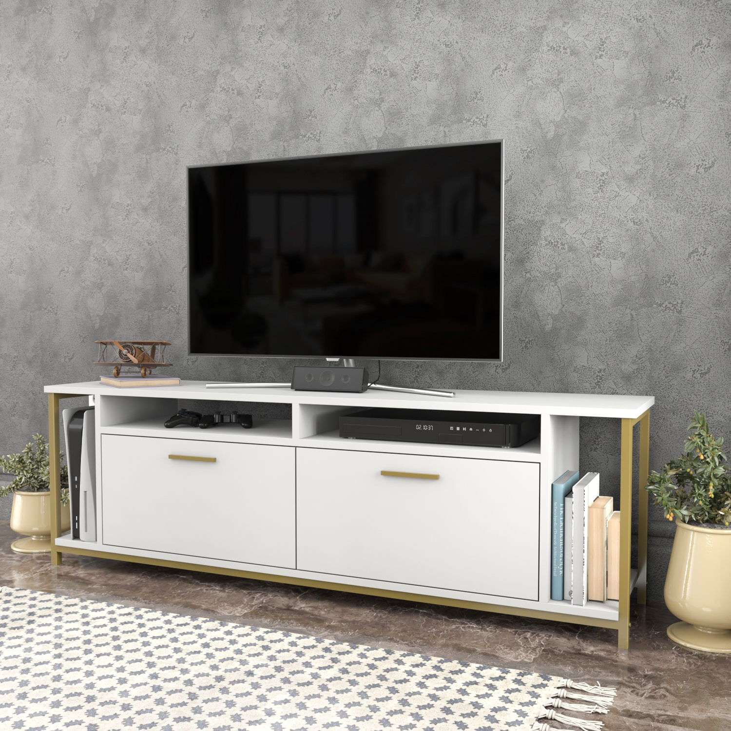 Comoda tv, Hanah Home, pal melaminat, alb auriu, 160x35x50.8 cm — imaginea 6