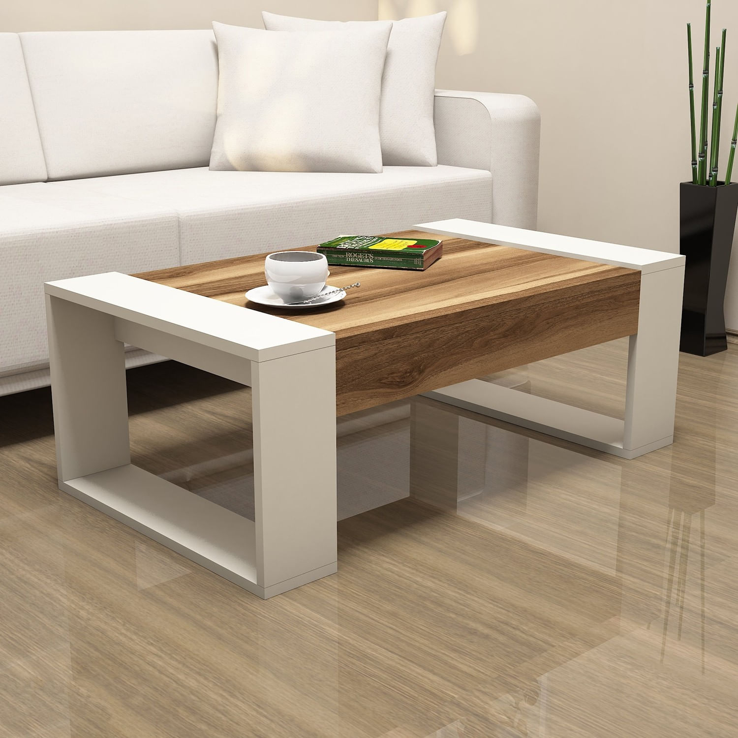 Masuta de cafea, Hanah Home, pal melaminat, nuc si crem, 102x60x37.6 cm — imaginea 4