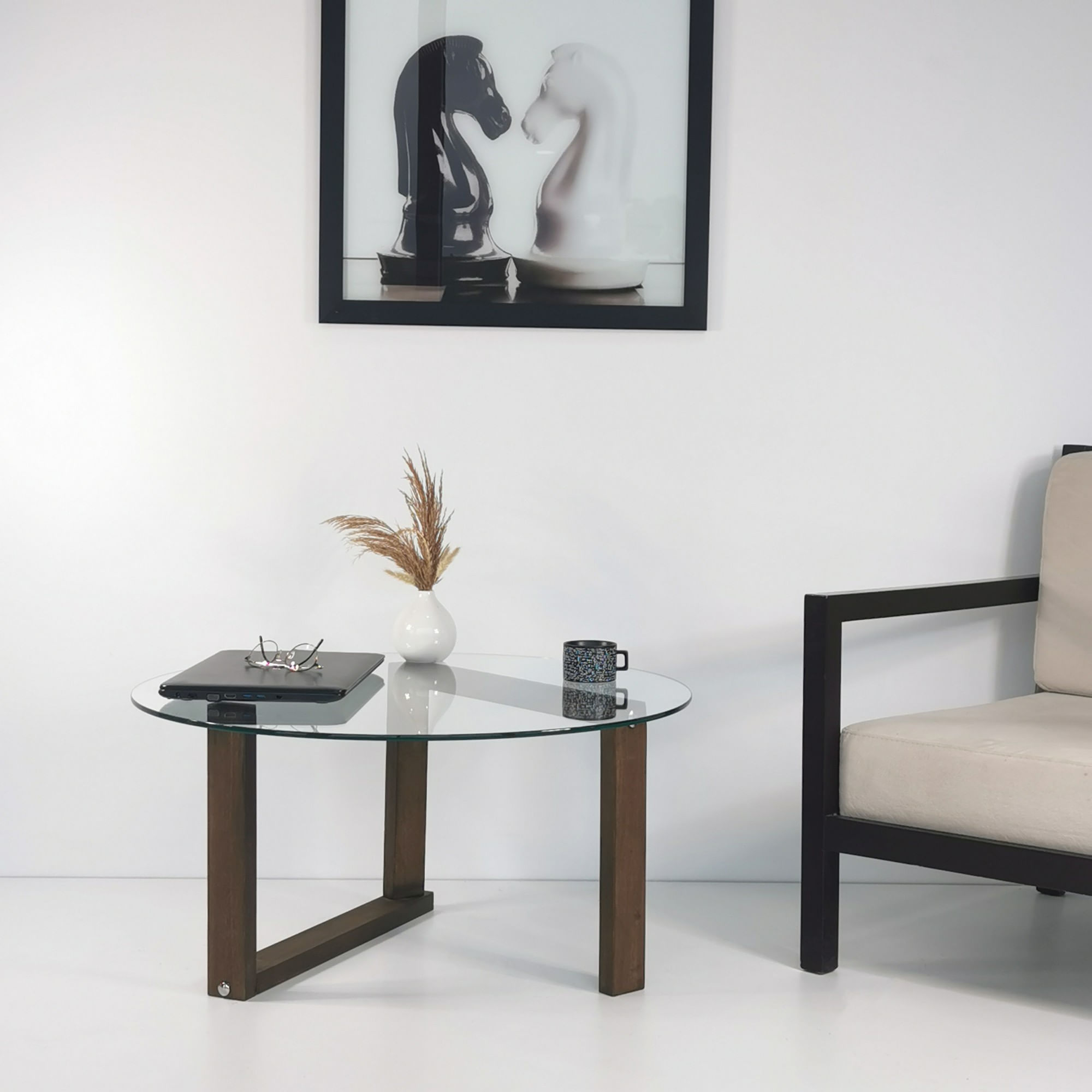 Masuta de cafea, Hanah Home, lemn masiv si sticla, nuc, 80x80x41 cm — imaginea 2