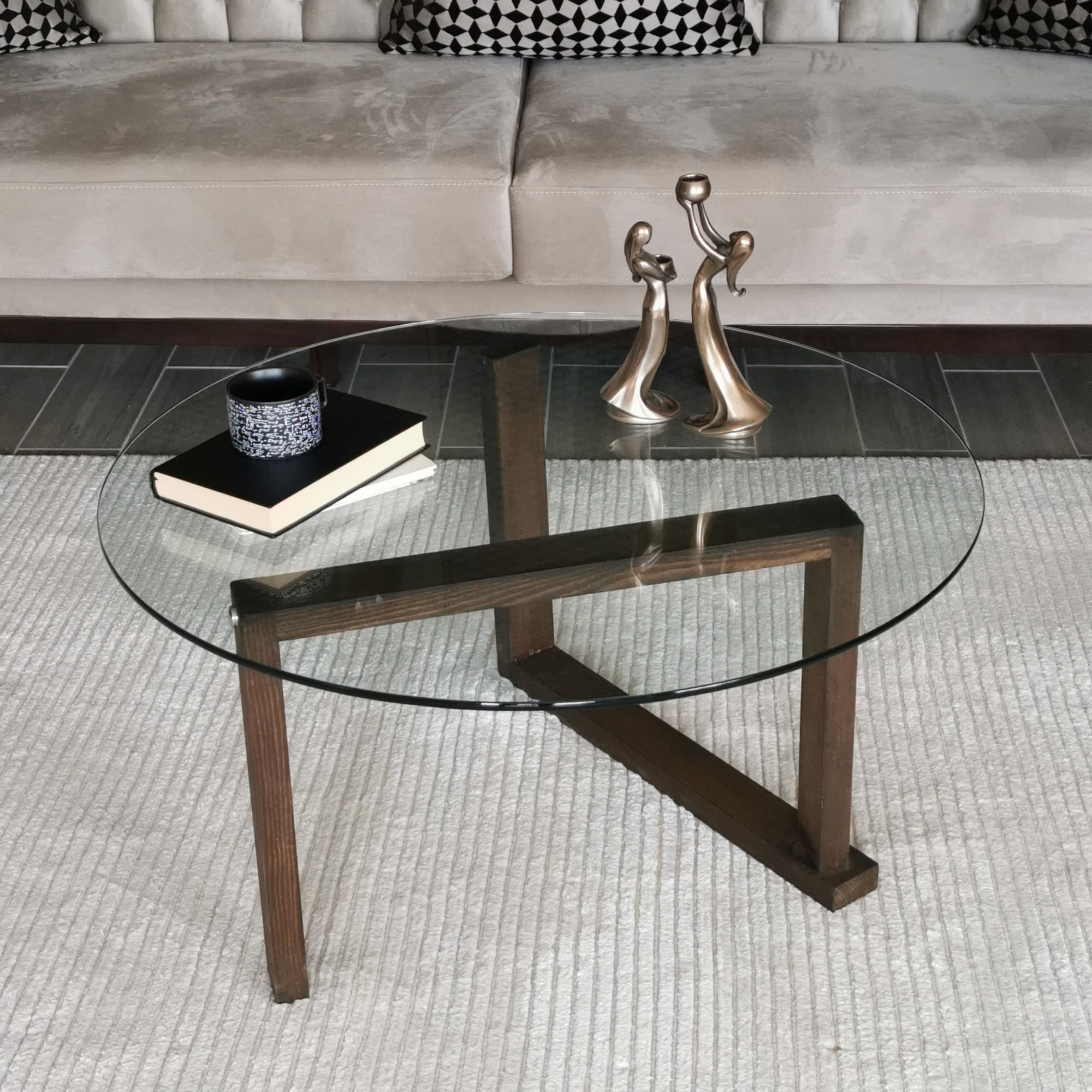 Masuta de cafea, Hanah Home, lemn masiv si sticla, nuc, 80x80x41 cm — imaginea 7