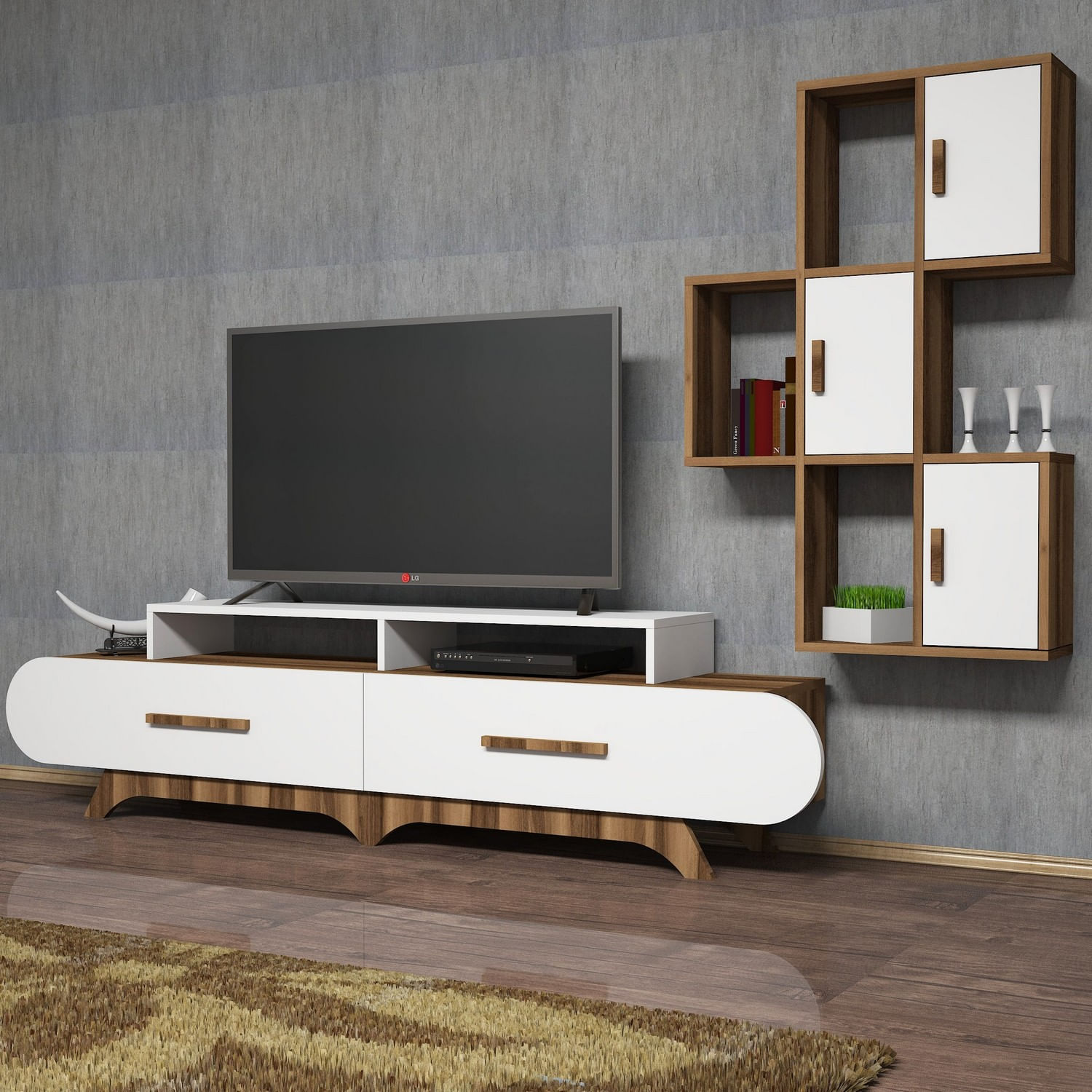 Comoda tv, Hanah Home, pal melaminat, nuc si alb, 205x50x36.8 cm, 845HCT3034 — imaginea 2