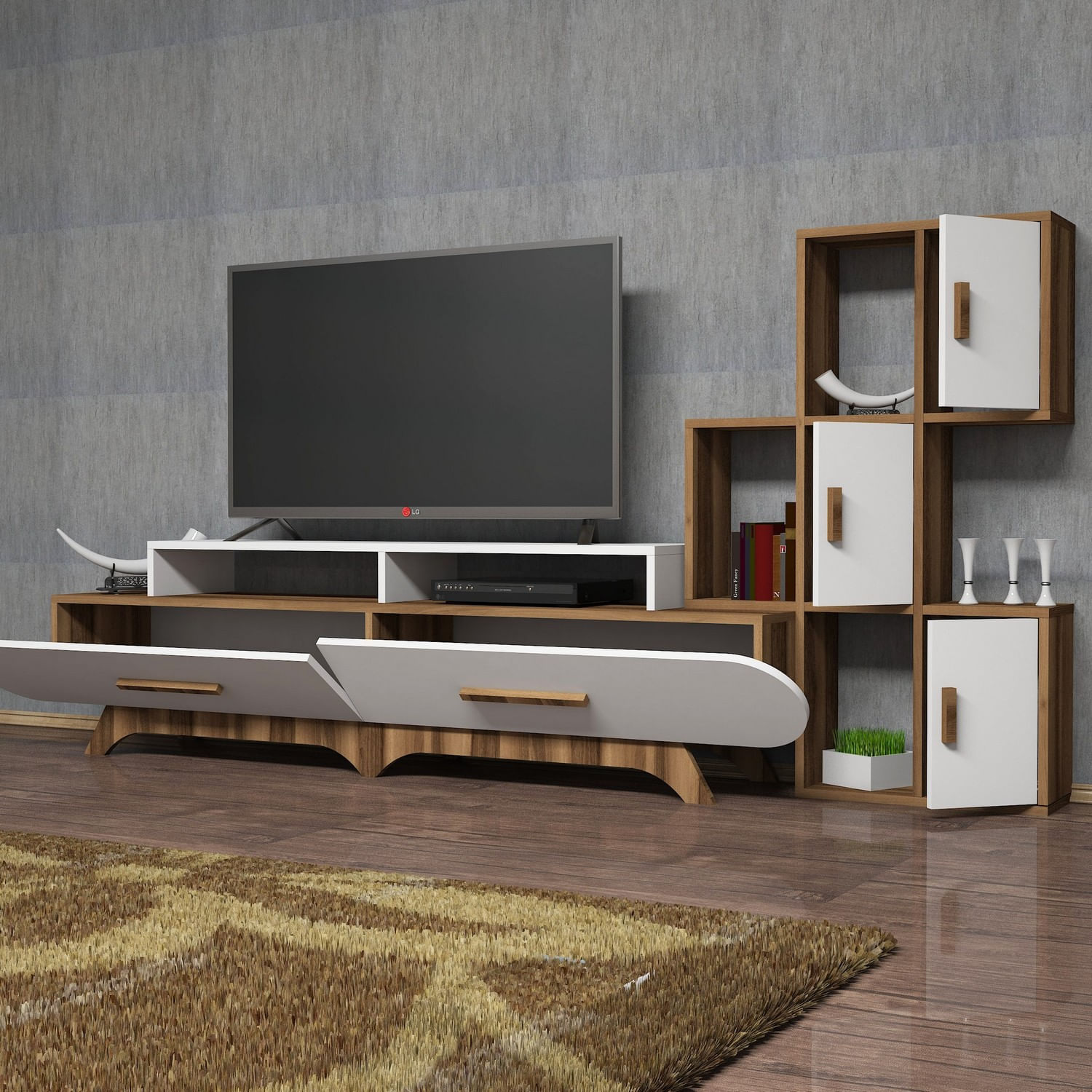 Comoda tv, Hanah Home, pal melaminat, nuc si alb, 205x50x36.8 cm, 845HCT3034 — imaginea 3