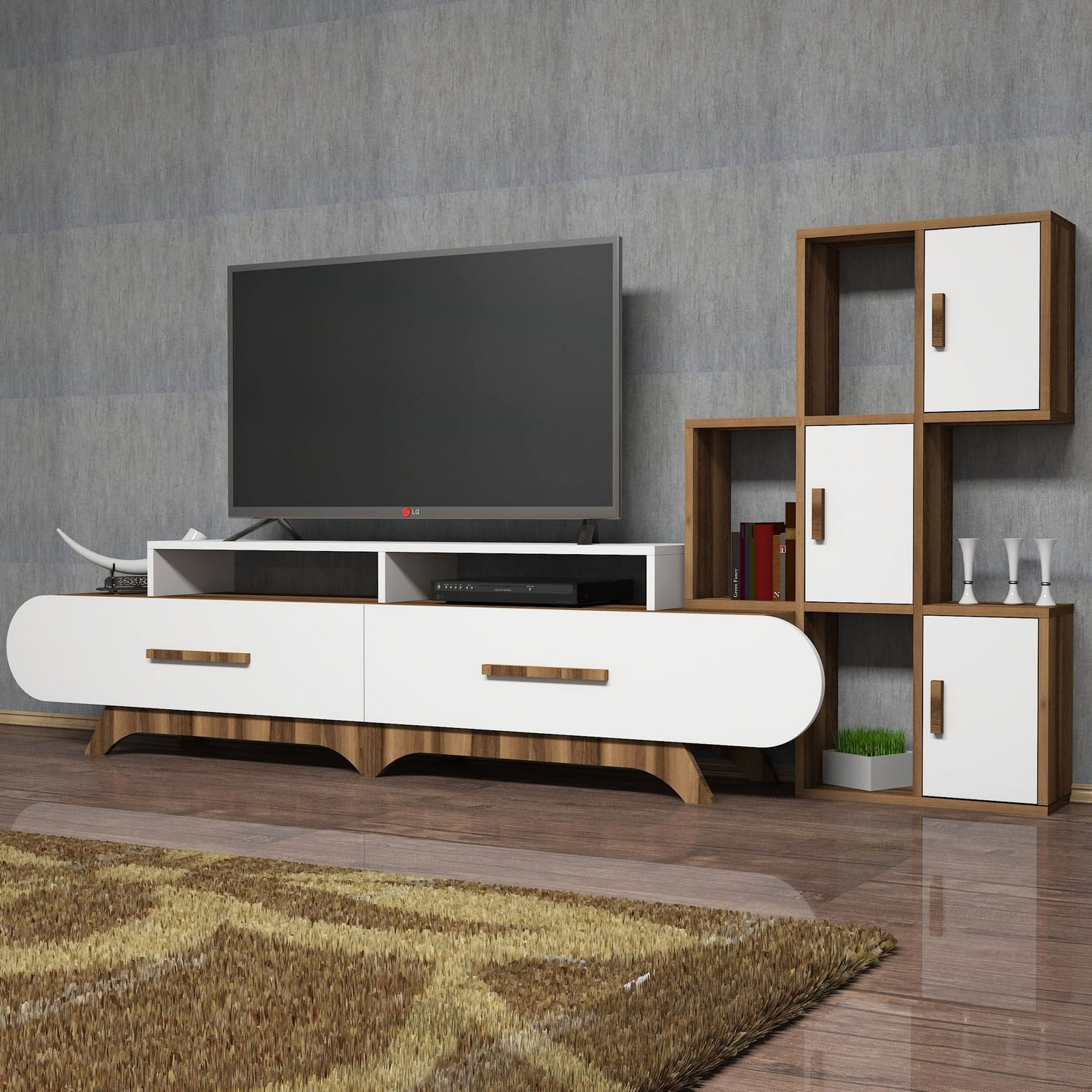 Comoda tv, Hanah Home, pal melaminat, nuc si alb, 205x50x36.8 cm, 845HCT3034 — imaginea 4