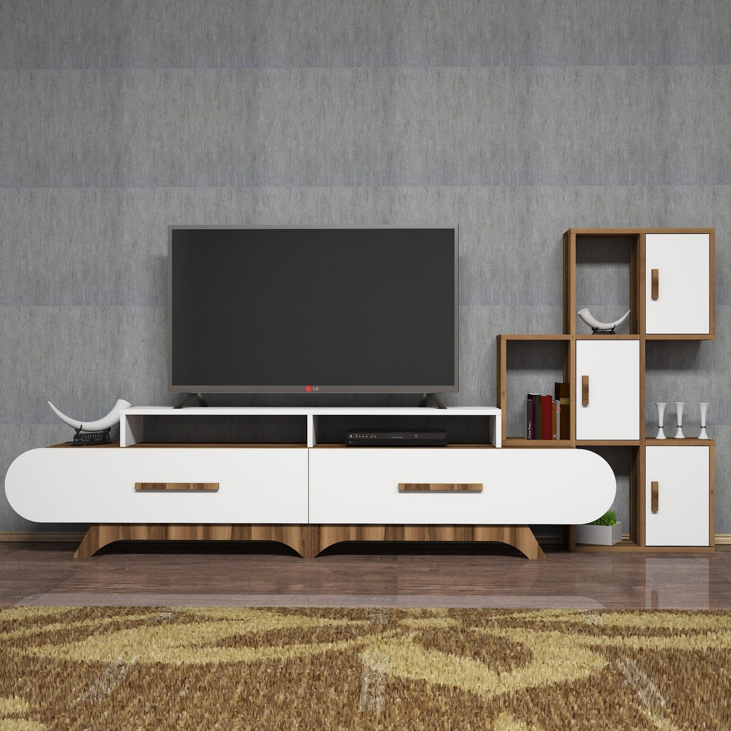 Comoda tv, Hanah Home, pal melaminat, nuc si alb, 205x50x36.8 cm, 845HCT3034 — imaginea 6