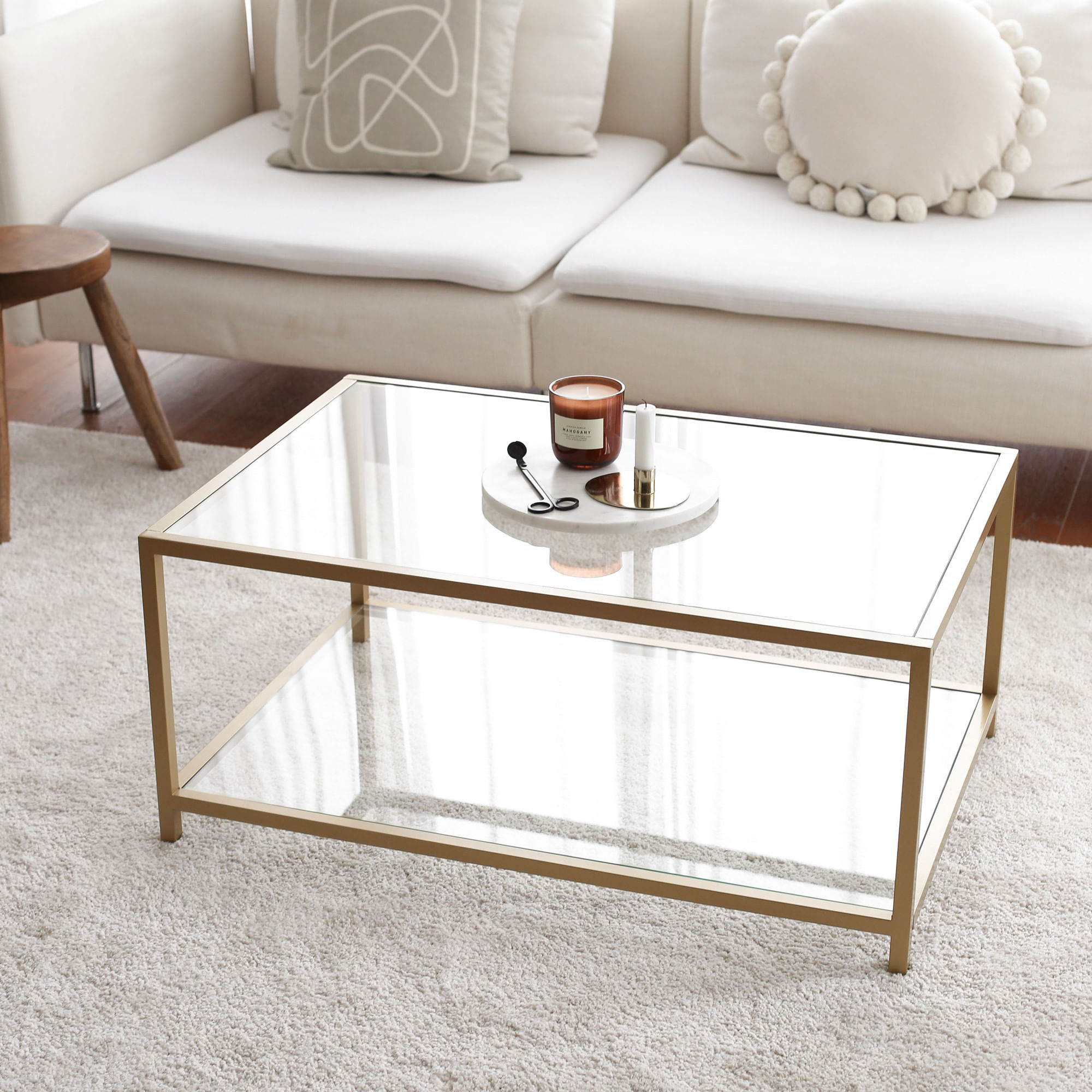 Masa de cafea, Hanah Home, sticla securizata, auriu, metal, 90x60x40 cm