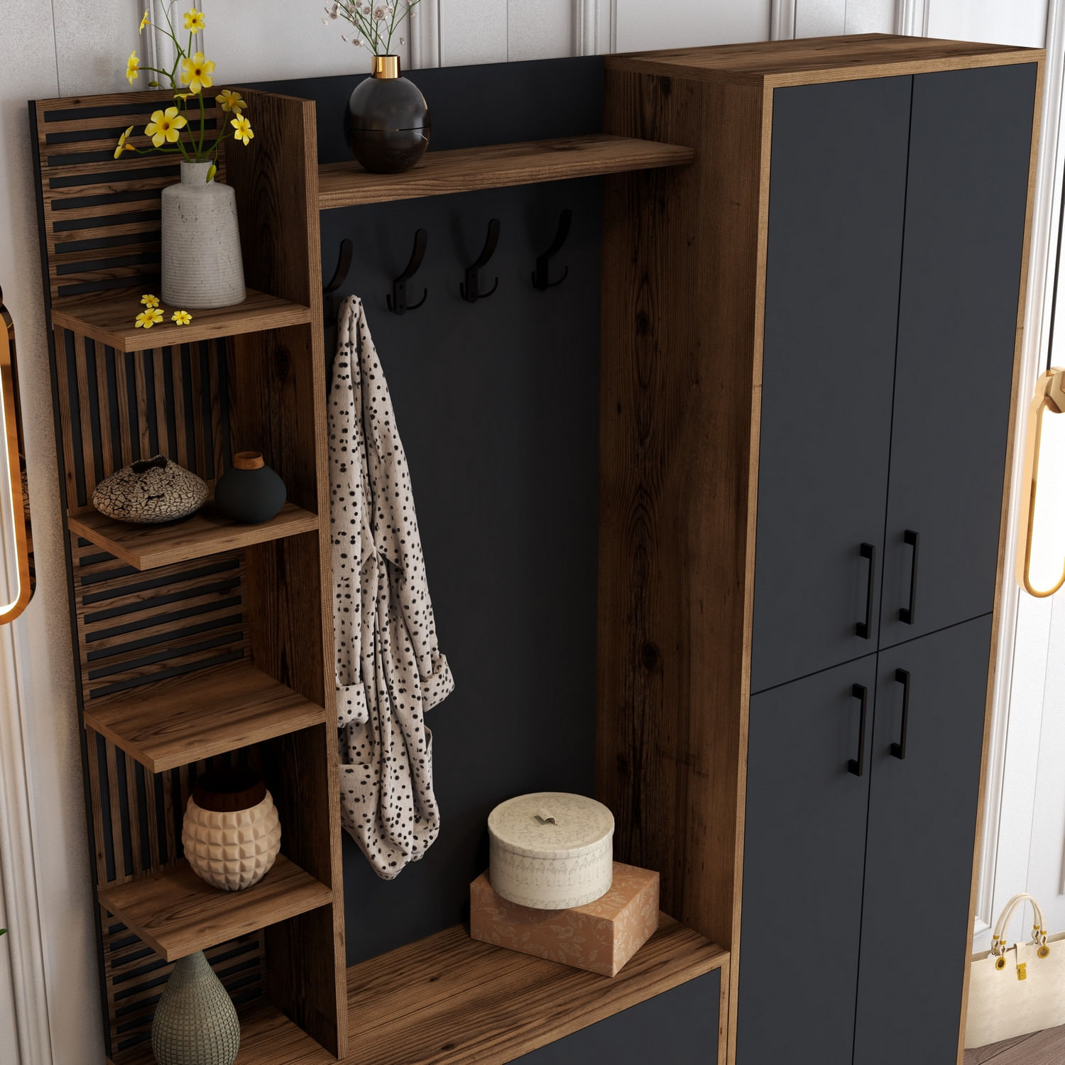 Cuier, Hanah Home, pal melaminat, nuc si antracit, 150x200x35 cm