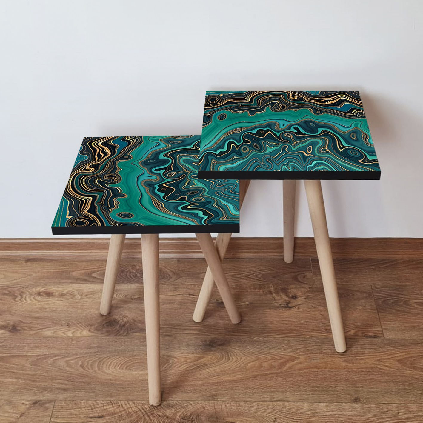 Set masute de cafea, Hanah Home, mdf, verde auriu negru, 35x47x35 cm, 2 piese, 481LNA2697