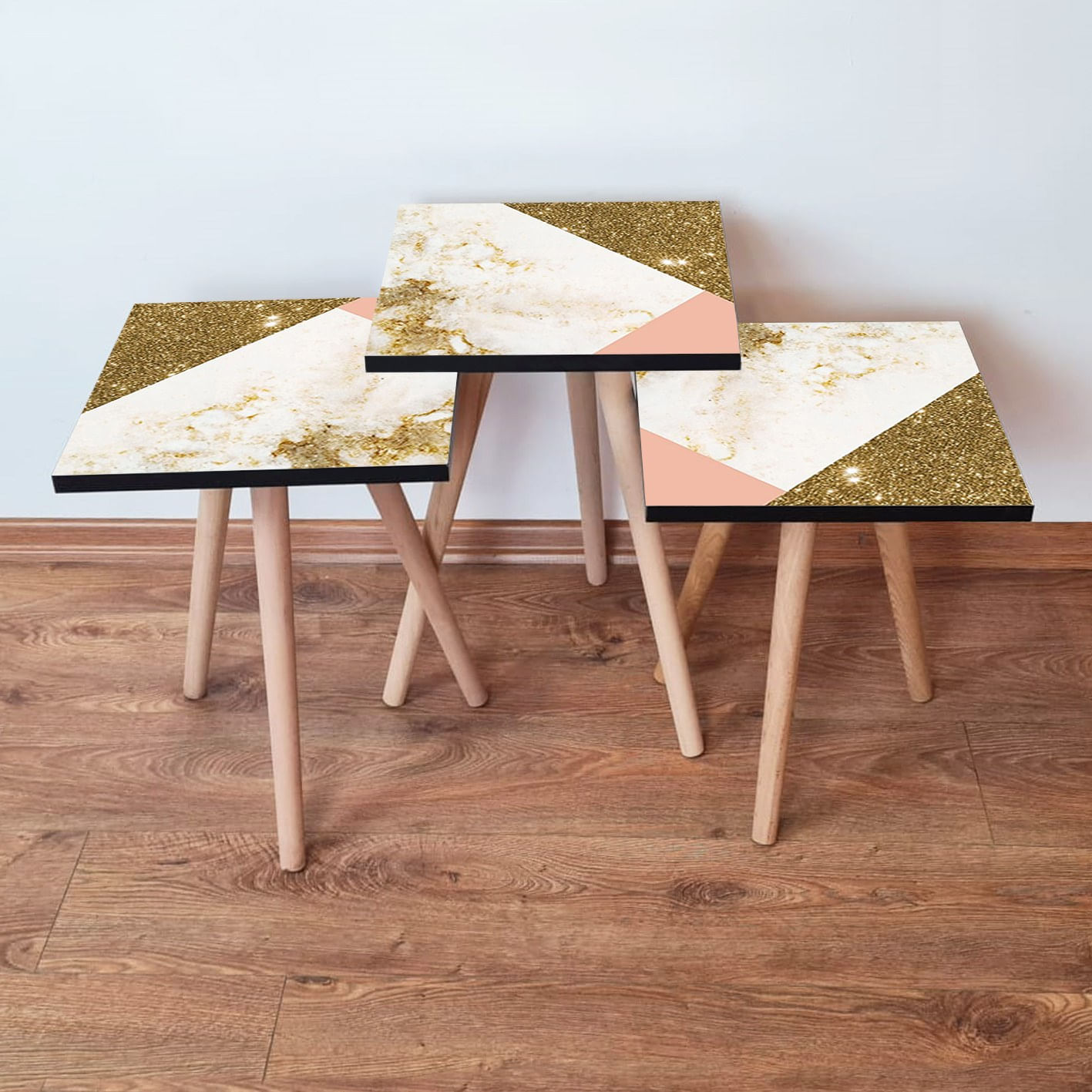 Set masute de cafea, Hanah Home, mdf, alb/somon/auriu, 35x35x52 cm
