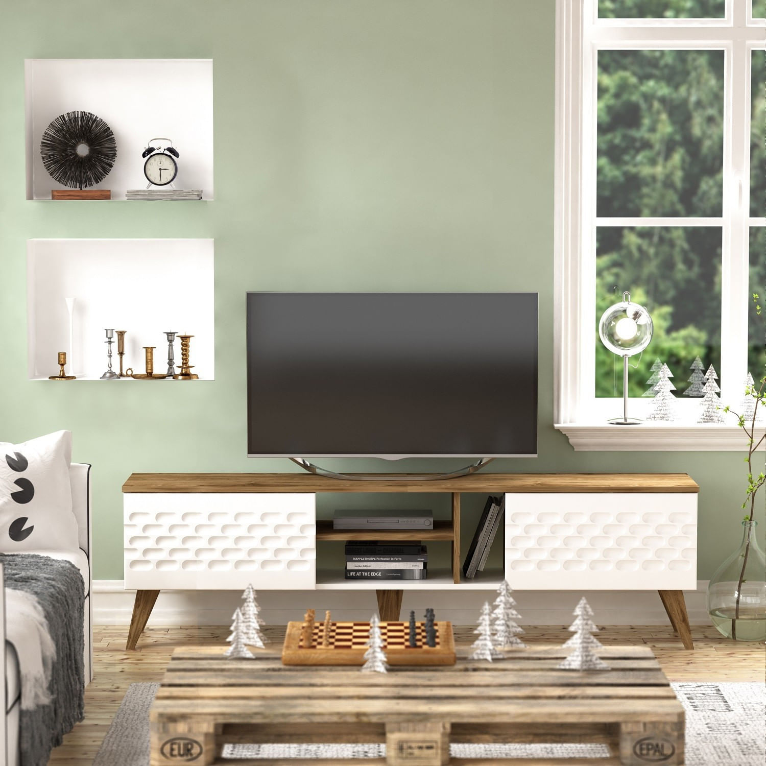 Comoda tv, Hanah Home, pal melaminat, alb si nuc, 180x35x53 cm — imaginea 2