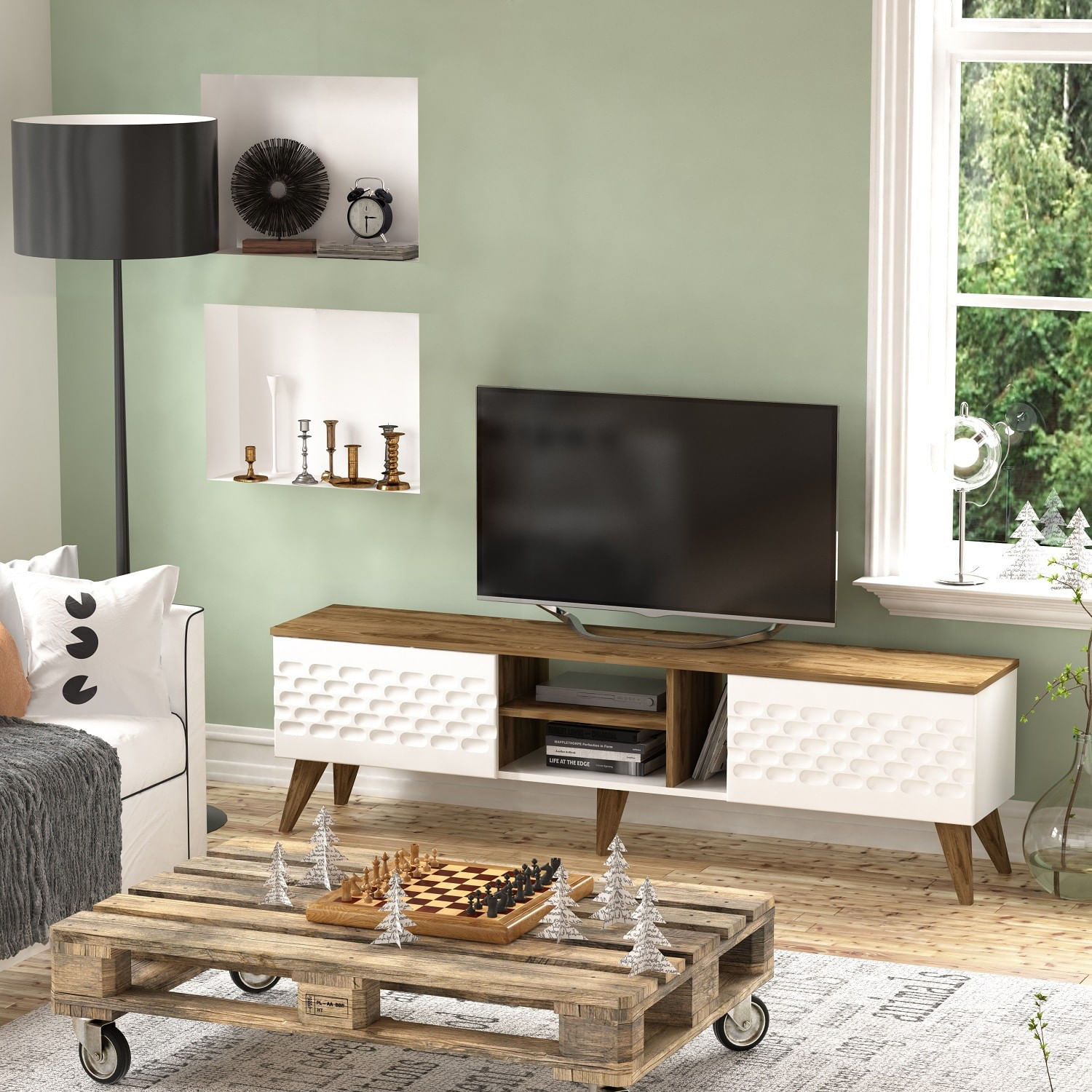 Comoda tv, Hanah Home, pal melaminat, alb si nuc, 180x35x53 cm — imaginea 5
