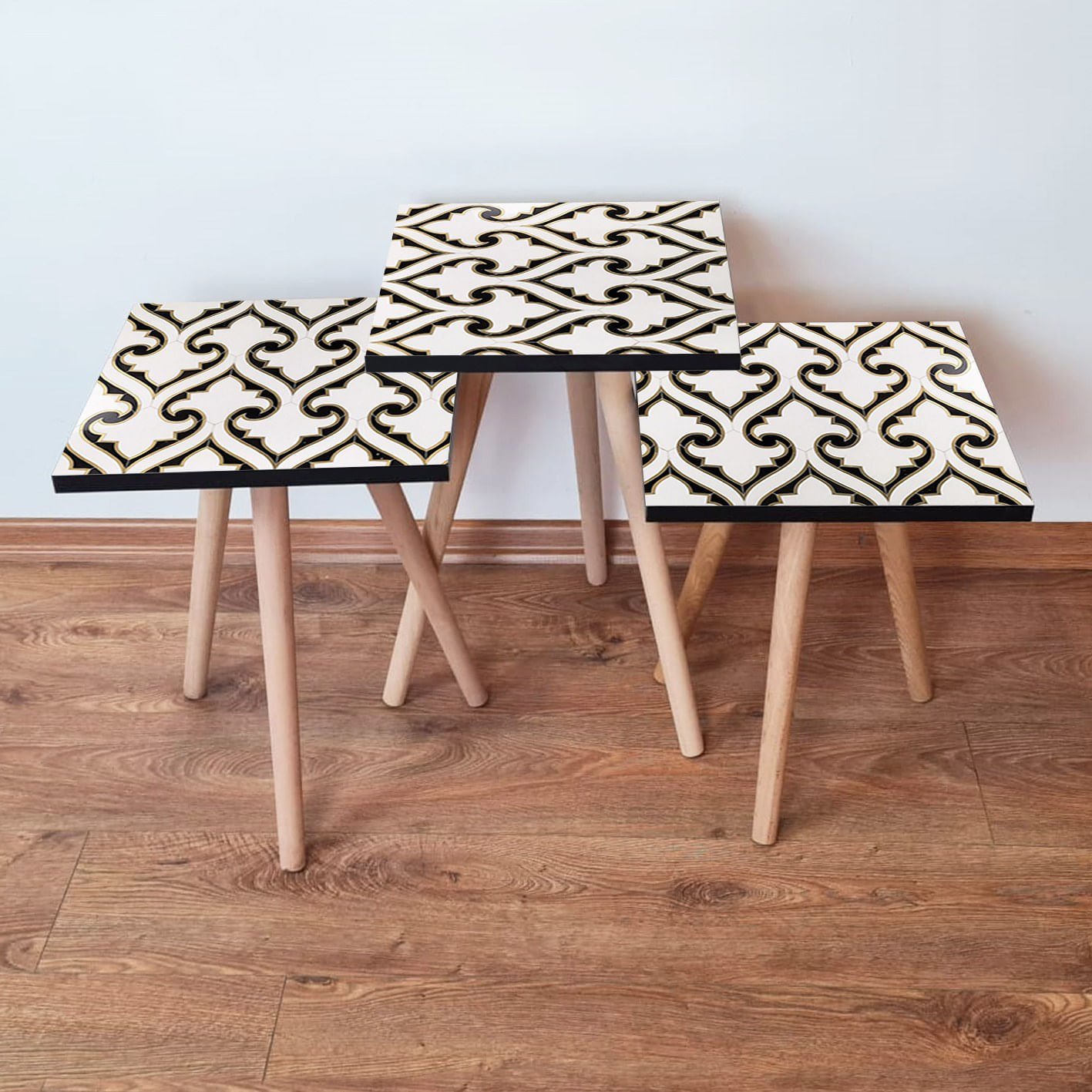 Set masute de cafea, Hanah Home, mdf, alb negru auriu, 35x35x52 cm, 481LNA2748