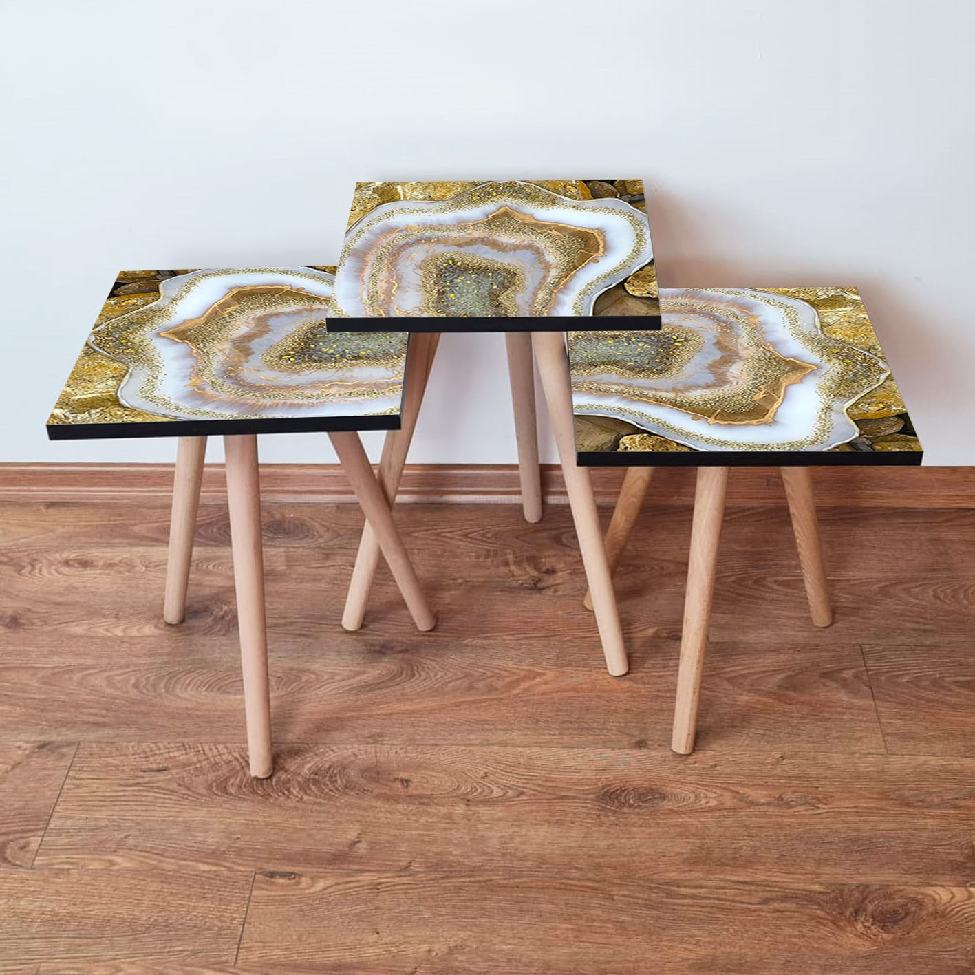 Set masute cuib, Hanah Home, mdf, bej auriu alb negru, 35x52x35 cm