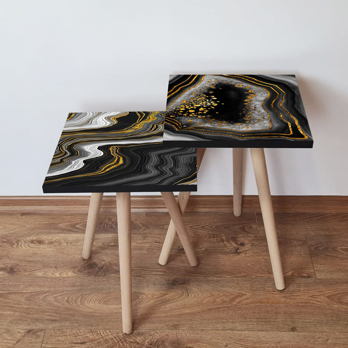 Set masute cuib, Hanah Home, mdf, negru auriu alb, 35x47x35 cm, 35x42x35 cm