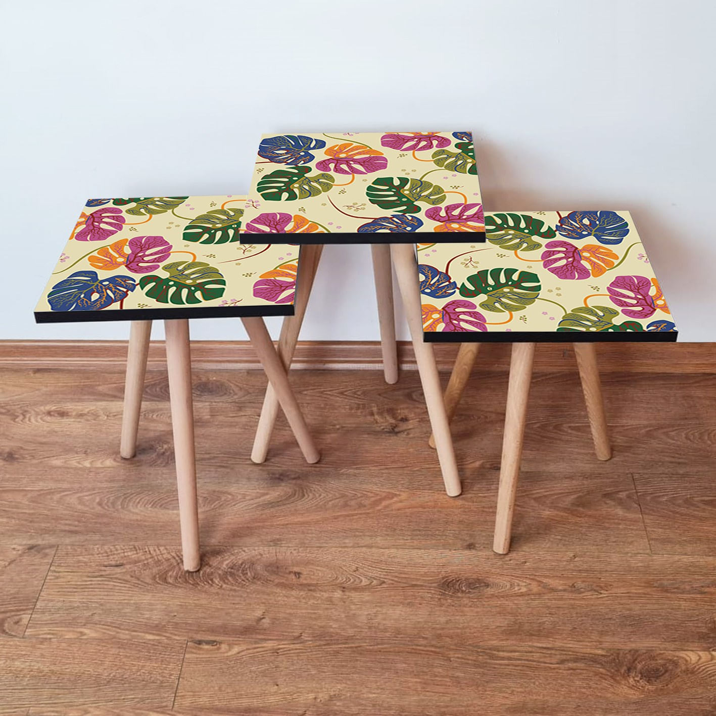 Set masute de cafea, Hanah Home, mdf, multicolor, picioare lemn fag, 35x35x52 cm, 481LNA2756