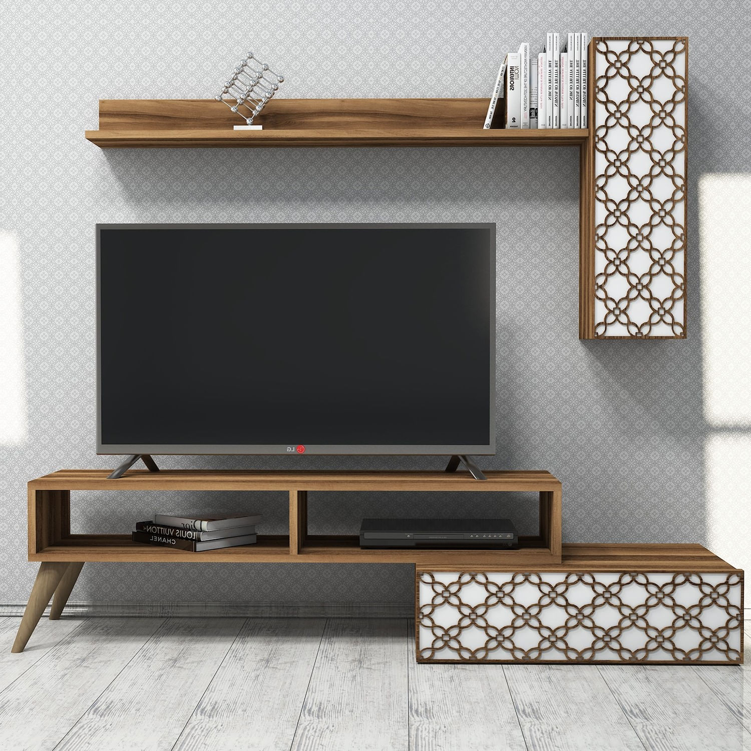 Comoda tv, Hanah Home, pal melaminat, nuc si alb, 150x37.8x37.2 cm — imaginea 3