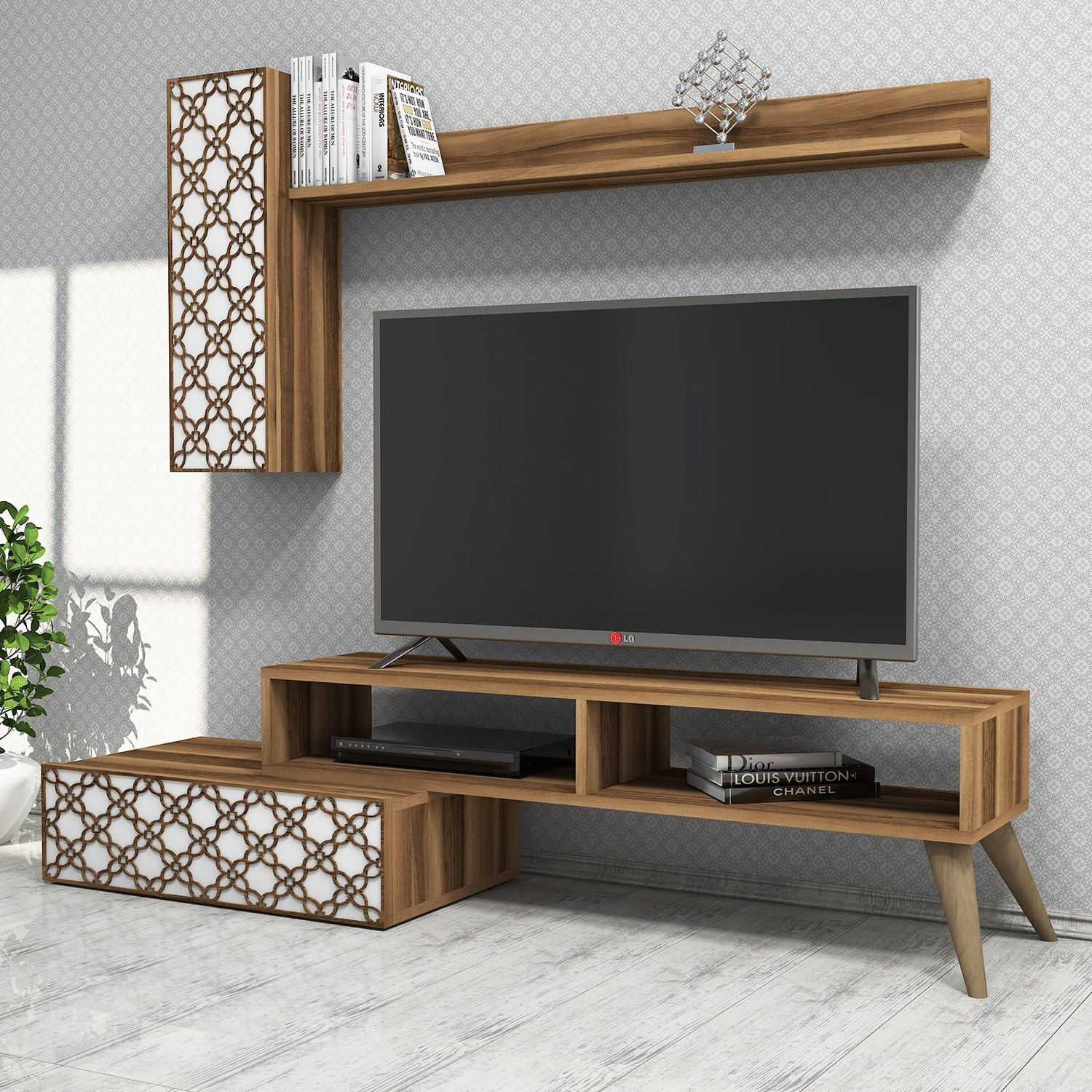 Comoda tv, Hanah Home, pal melaminat, nuc si alb, 150x37.8x37.2 cm — imaginea 5