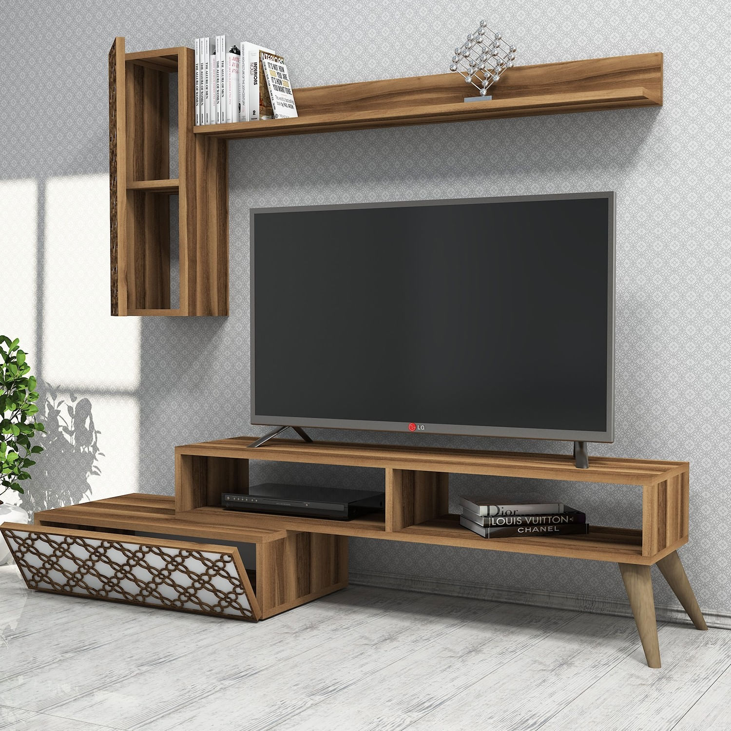 Comoda tv, Hanah Home, pal melaminat, nuc si alb, 150x37.8x37.2 cm — imaginea 6