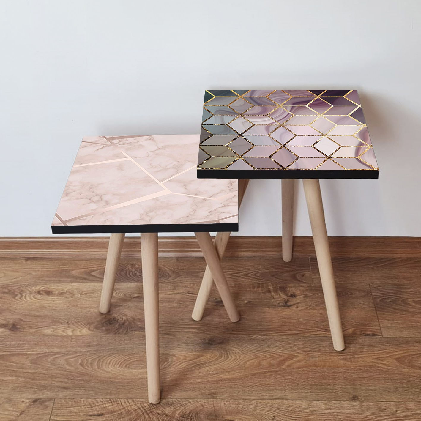 Set masute de cafea, Hanah Home, mdf, crem auriu roz alb, 35x47x35 cm, 35x42x35 cm