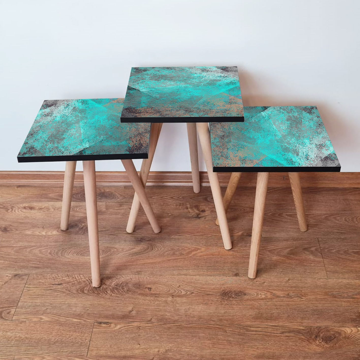Set masute de cafea, Hanah Home, mdf, albastru gri bej, 35x35x52 cm