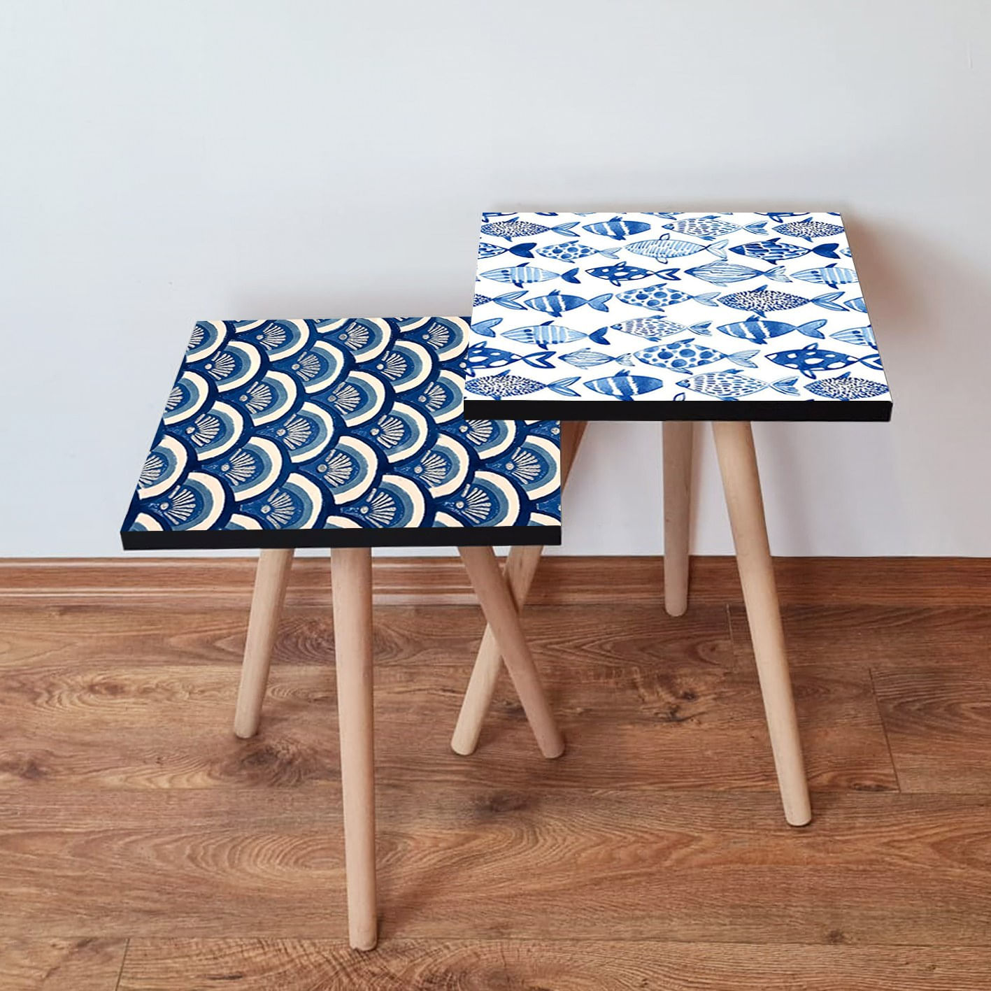 Set masute de cafea, Hanah Home, mdf, albastru marin si alb, 35x47x35 cm si 35x42x35 cm