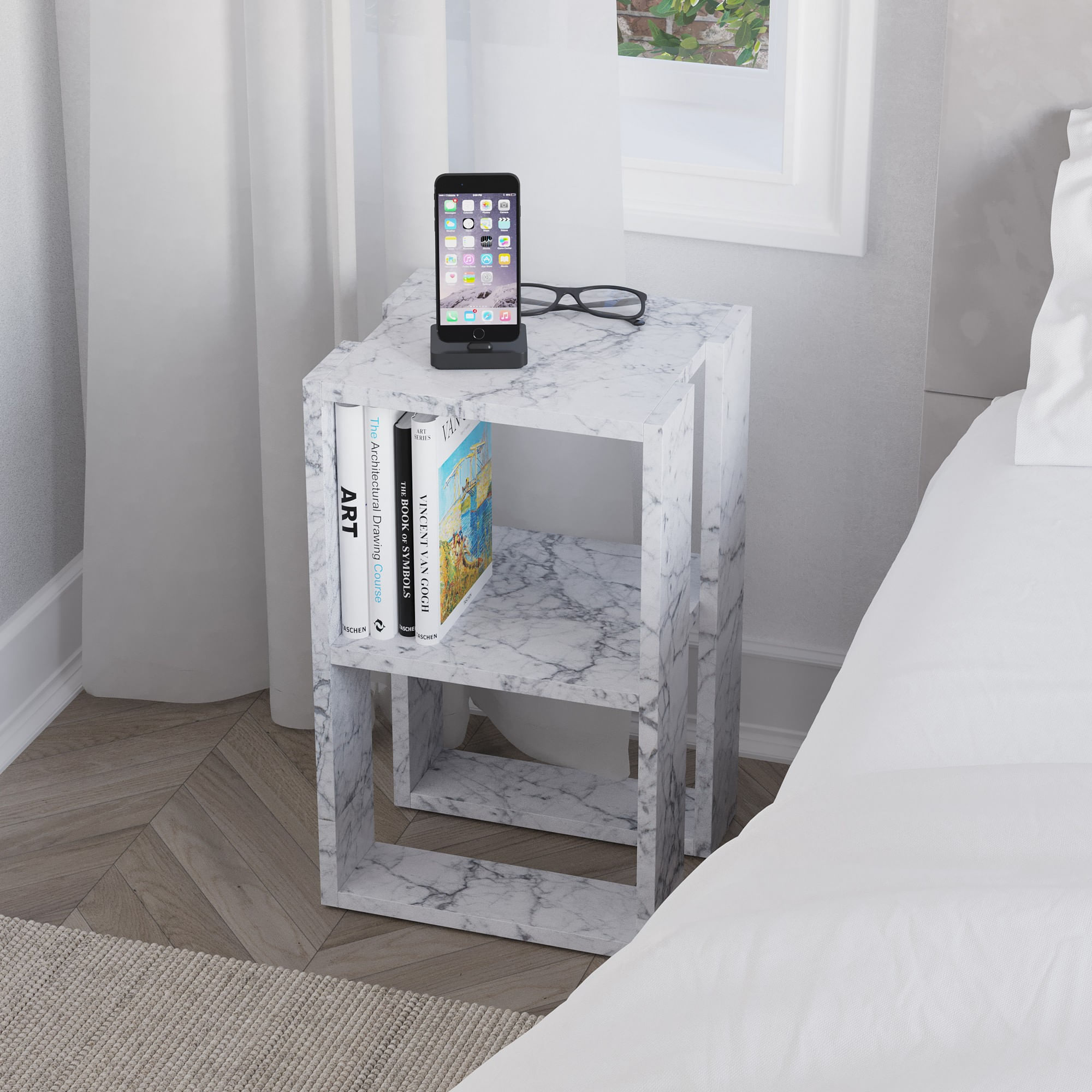 Noptiera, Hanah Home, panou de particule melaminat, marmura carrara, 30x30x55 cm, 776HMS3441 — imaginea 5