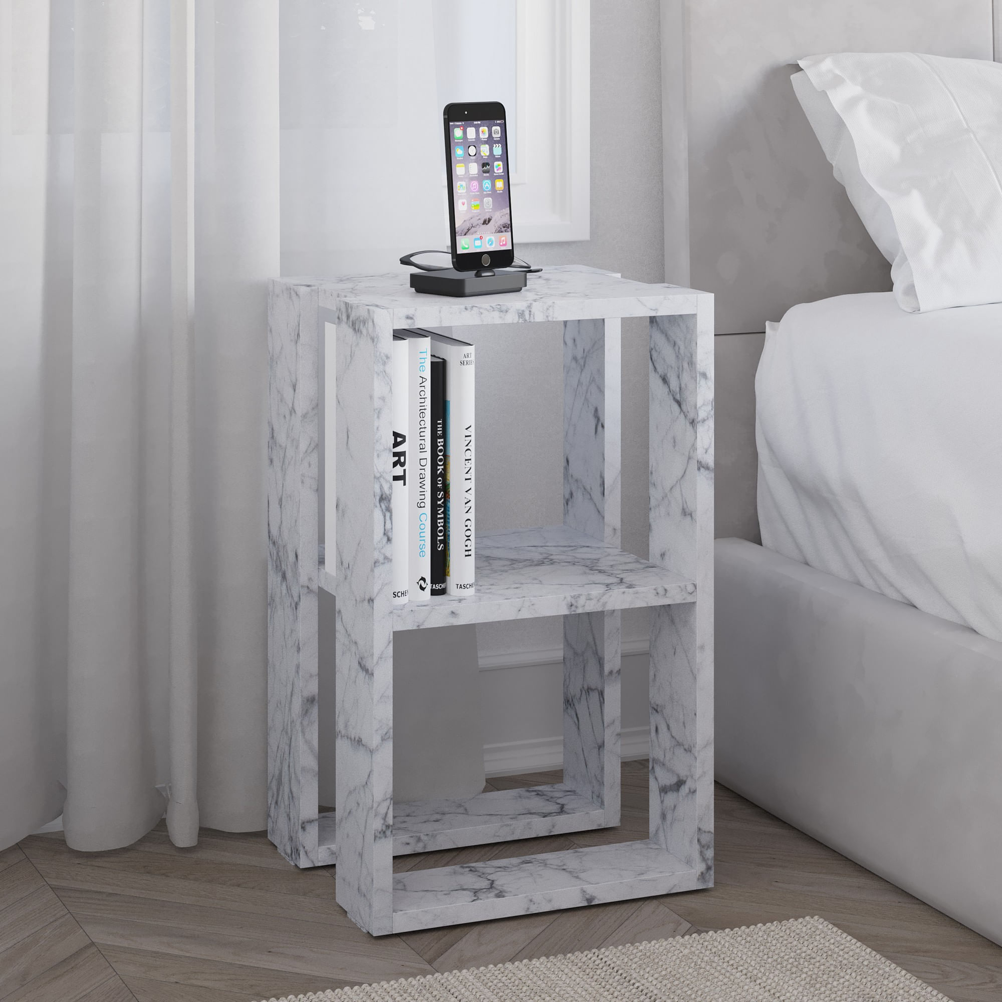 Noptiera, Hanah Home, panou de particule melaminat, marmura carrara, 30x30x55 cm, 776HMS3441 — imaginea 8