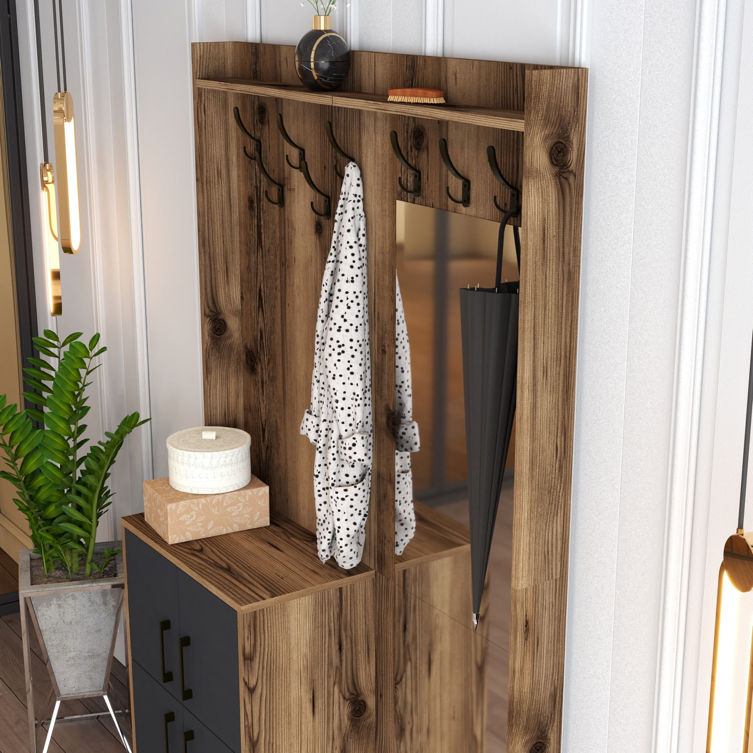 Cuier, Hanah Home, panou din particule melaminat, nuc, antracit, 120x35x200 cm