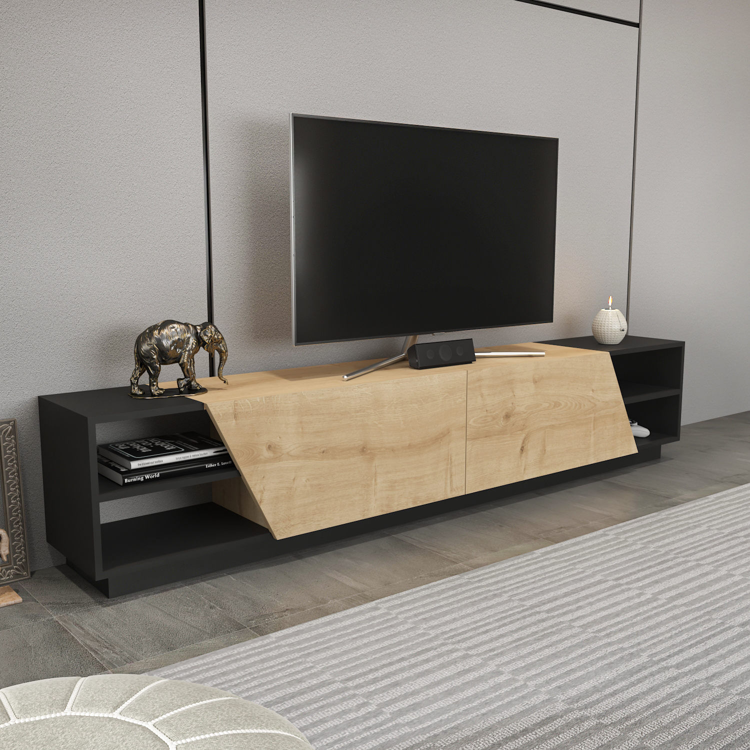 Comoda tv, Hanah Home, pal melaminat, antracit si stejar, 240x37.1x47.4 cm — imaginea 3