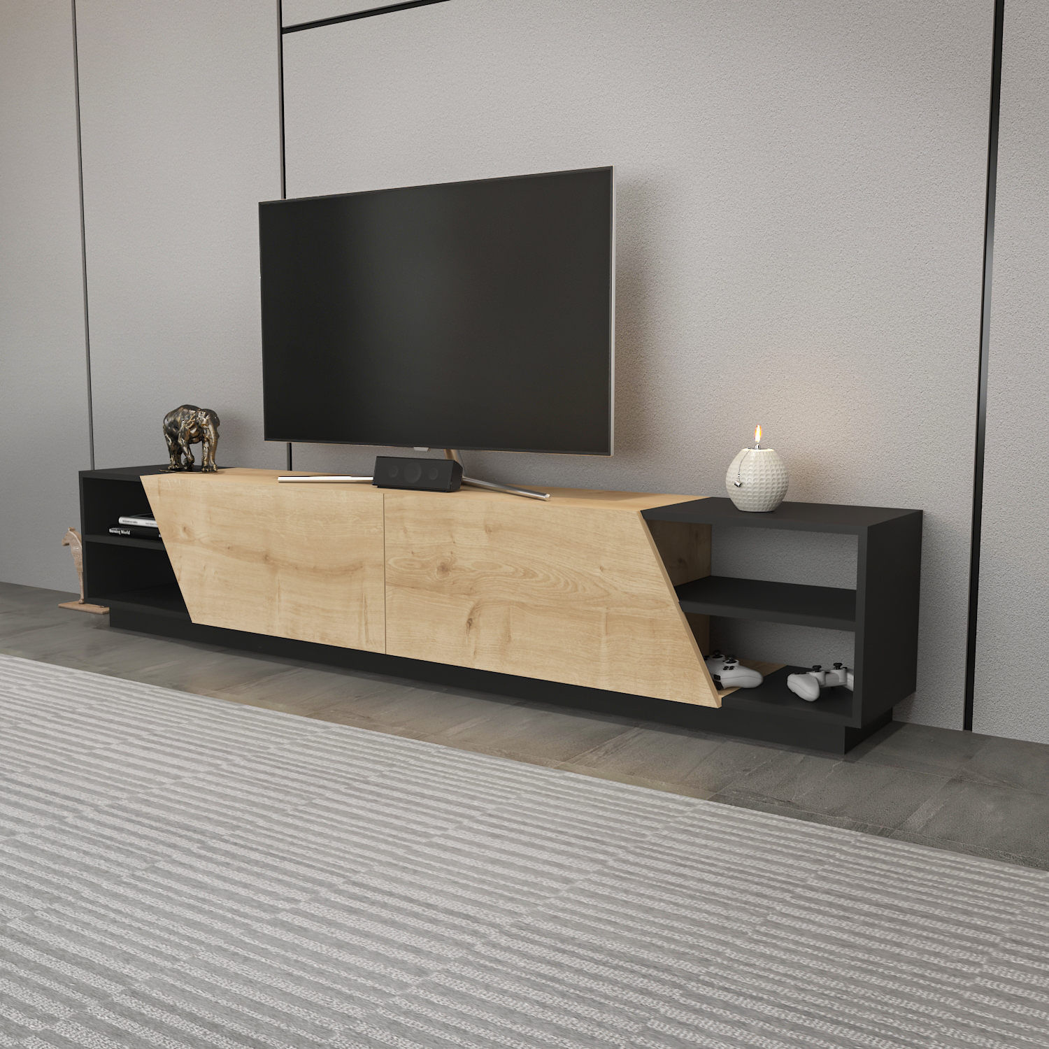 Comoda tv, Hanah Home, pal melaminat, antracit si stejar, 240x37.1x47.4 cm — imaginea 4