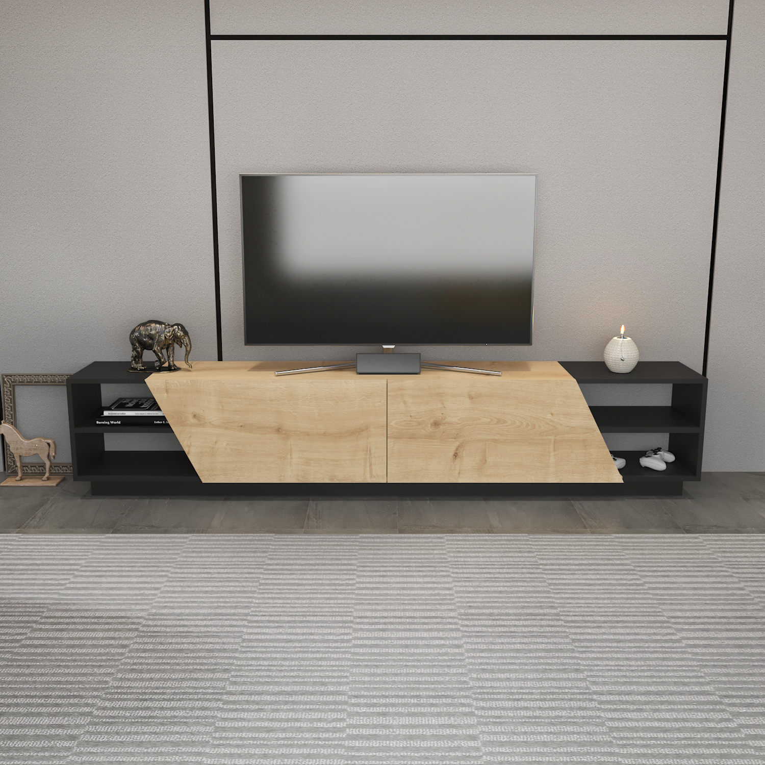 Comoda tv, Hanah Home, pal melaminat, antracit si stejar, 240x37.1x47.4 cm — imaginea 7