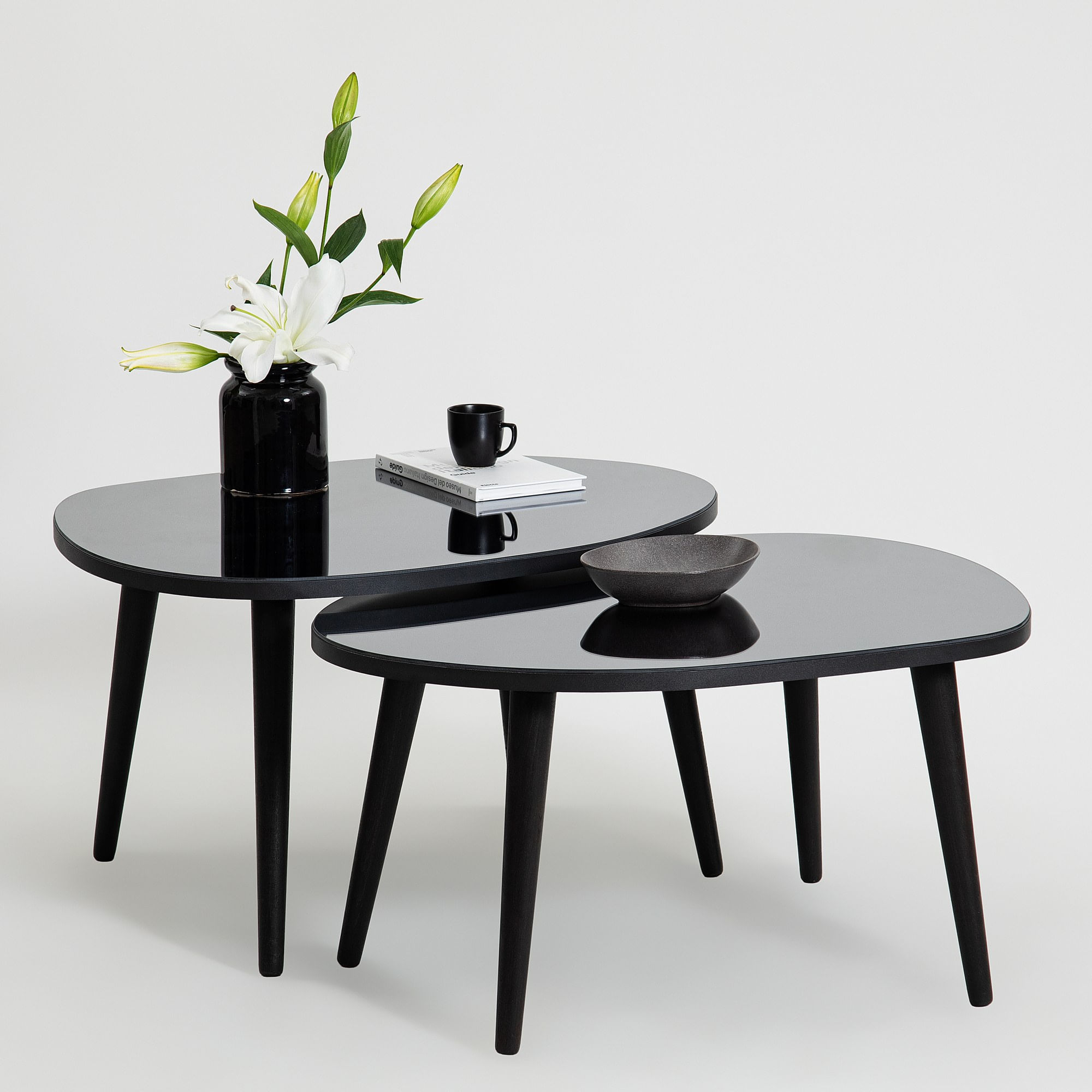Set masute de cafea, Hanah Home, sticla temperata si PAL melaminat, negru si fumuriu, 75x55x38/41 cm — imaginea 2