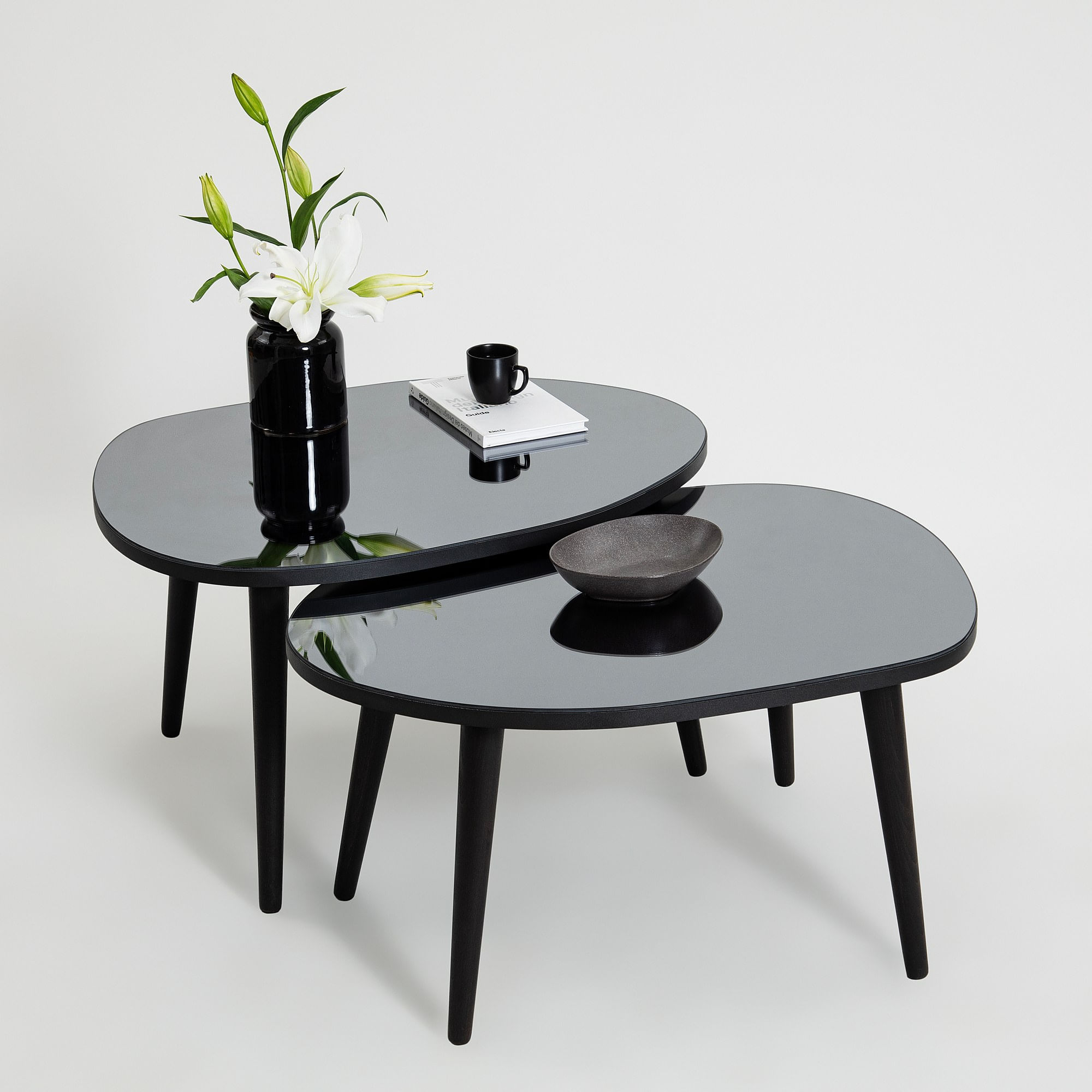 Set masute de cafea, Hanah Home, sticla temperata si PAL melaminat, negru si fumuriu, 75x55x38/41 cm — imaginea 3