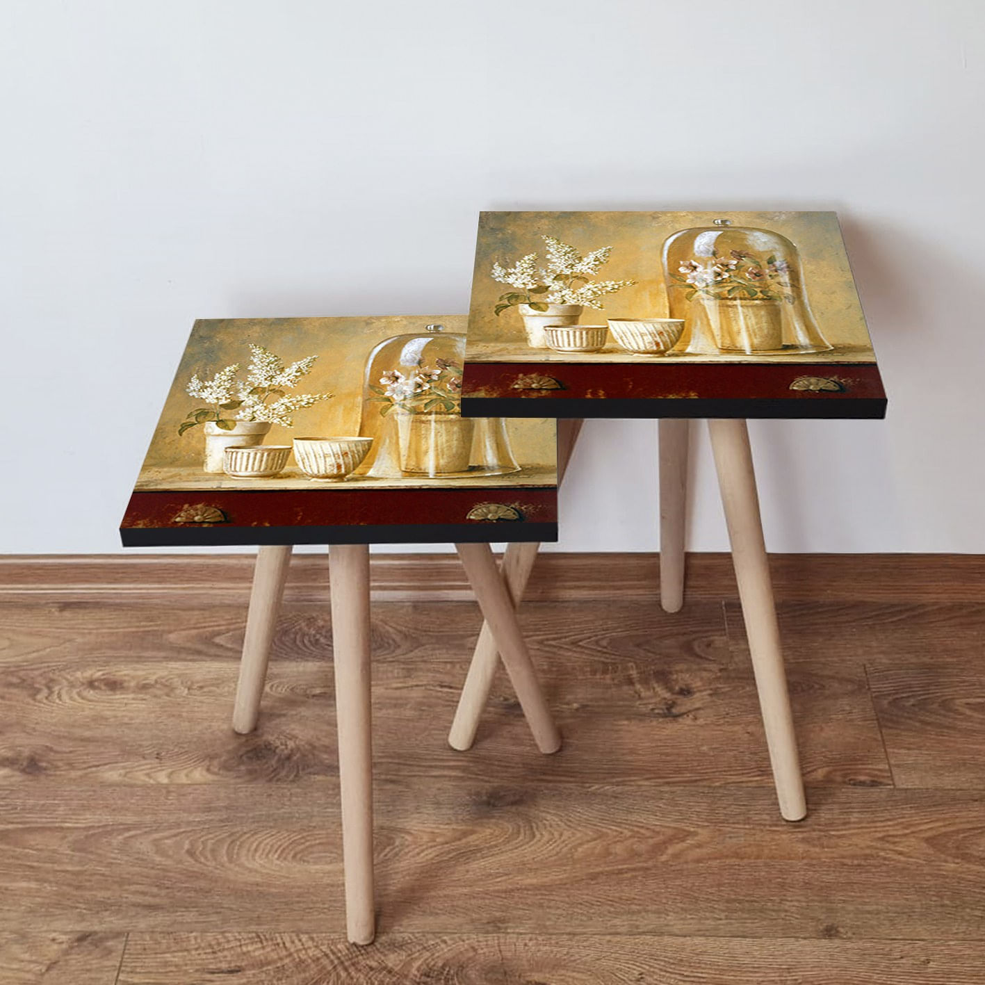 Set masute de cafea, Hanah Home, mdf, crem, rosu, bej, maro, 35x35x47 cm, 2 piese