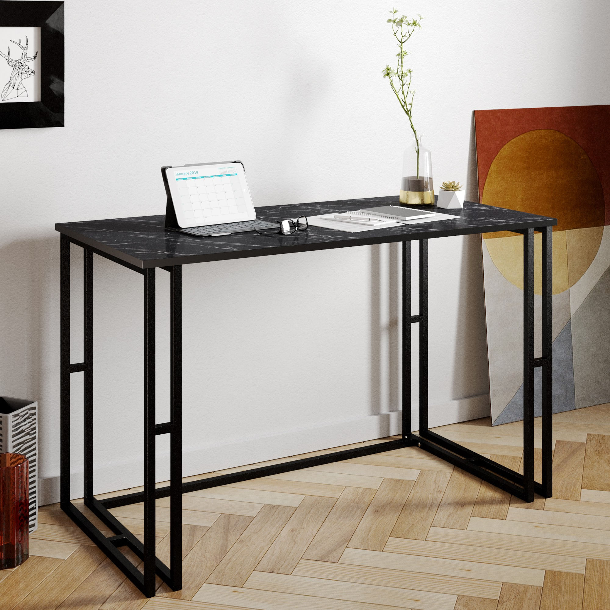 Birou de studiu, Hanah Home, pal melaminat, negru, 120x60x75 cm, 541HDL1101 — imaginea 4
