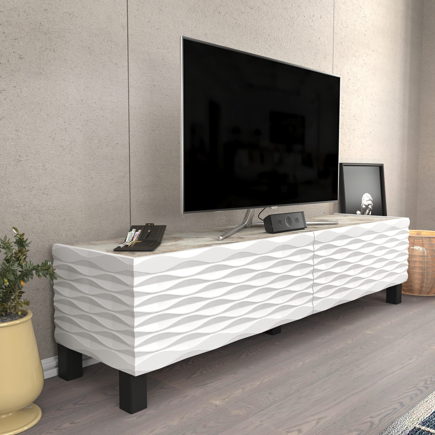 Comoda tv, Hanah Home, pal melaminat, alb, 149.2x35x38 cm — imaginea 2