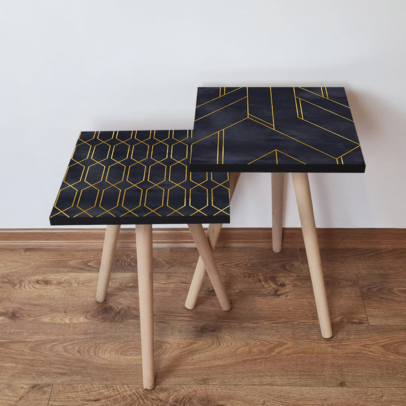 Set masute de cafea, Hanah Home, mdf, negru auriu, 35x47x35 cm, 35x42x35 cm