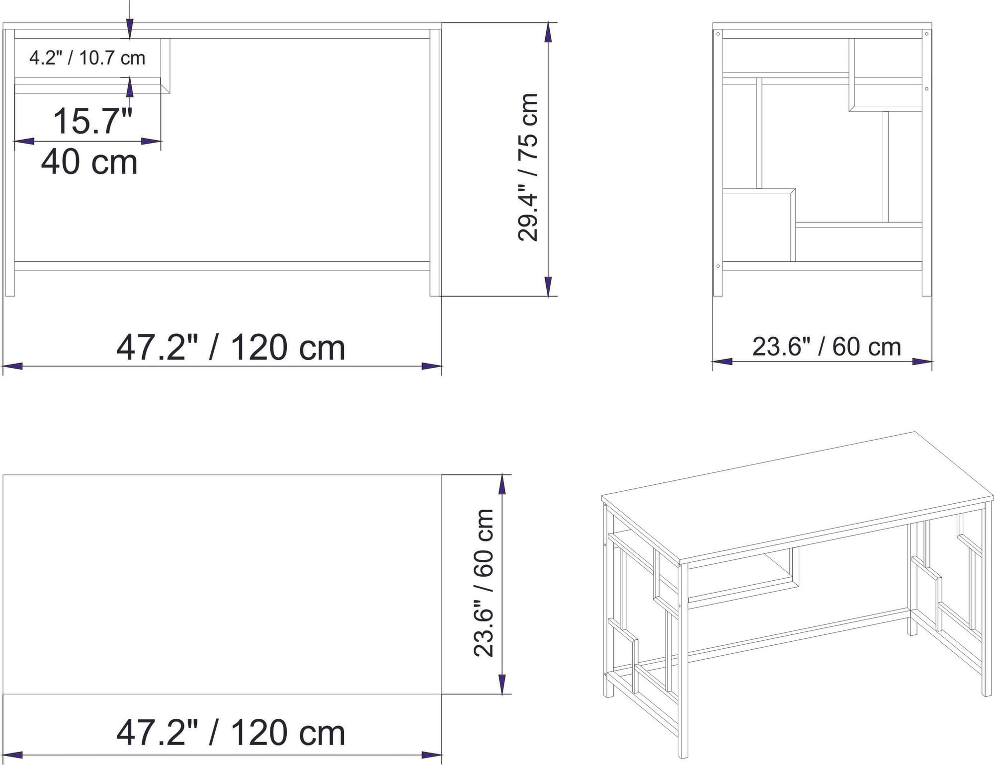 Birou de studiu, Hanah Home, pal melaminat, negru si nuc, 120x60x75 cm