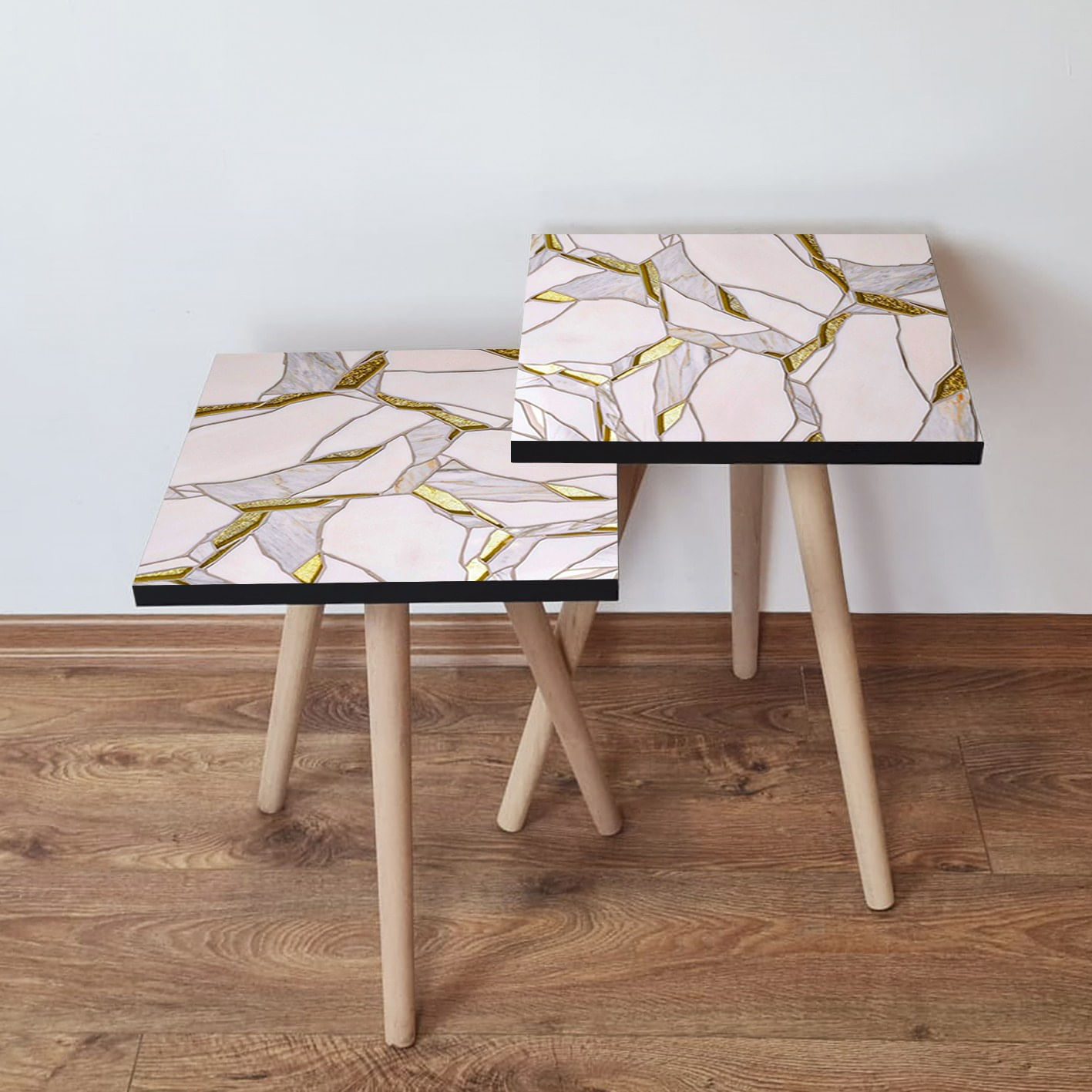 Set masute cuib, Hanah Home, mdf, roz auriu gri, 35x35x47 cm, picioare lemn fag