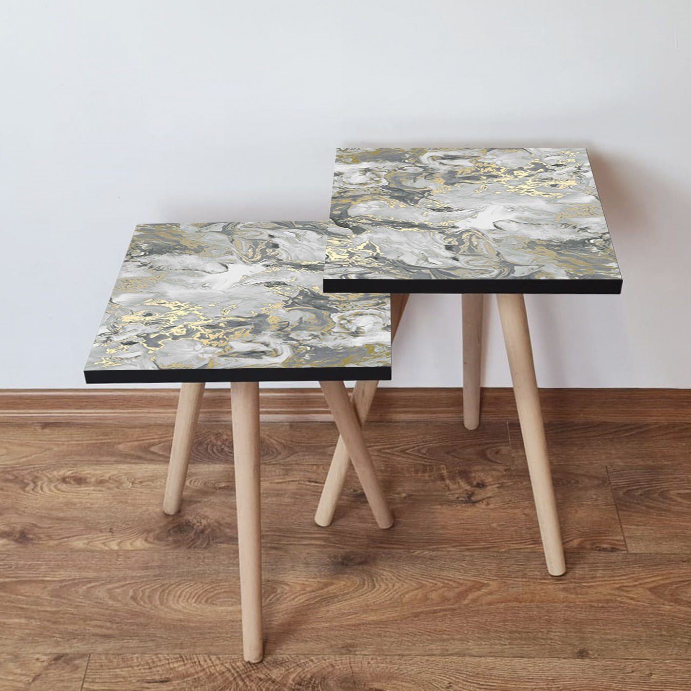 Set masute de cafea, Hanah Home, mdf, gri bej alb, 35x35x47 cm, picioare lemn fag