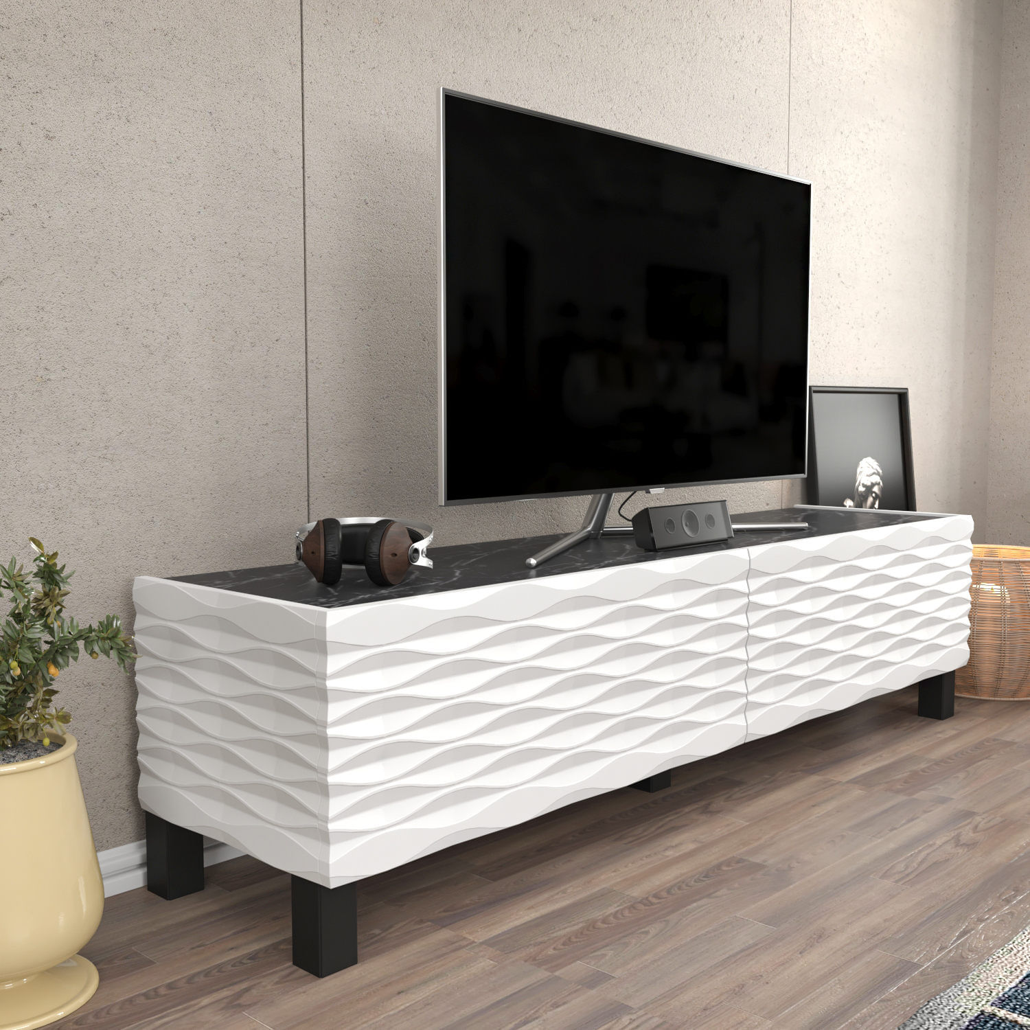 Comoda tv, Hanah Home, pal melaminat, alb negru, 149.2x35x38 cm — imaginea 2