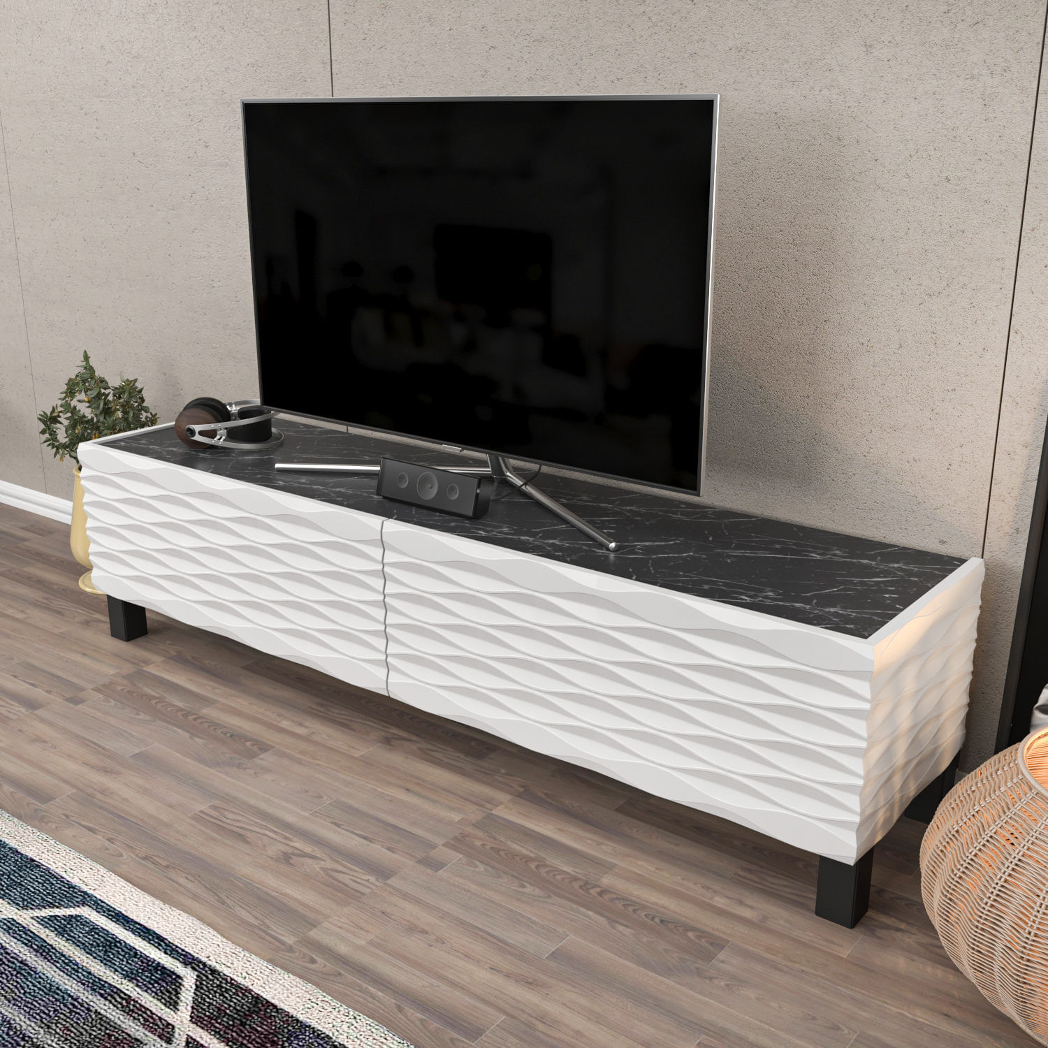 Comoda tv, Hanah Home, pal melaminat, alb negru, 149.2x35x38 cm — imaginea 4