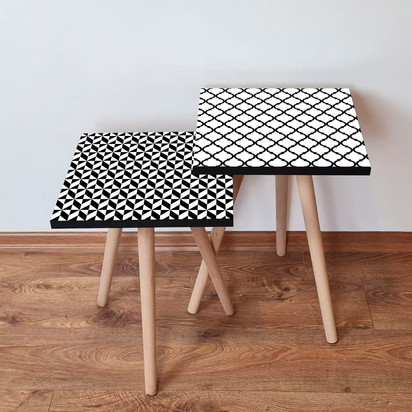 Set masute de cafea, Hanah Home, mdf, alb-negru, 35x35x47 cm, picioare lemn fag