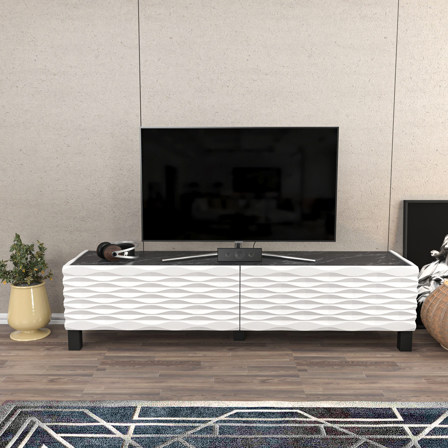 Comoda tv, Hanah Home, pal melaminat, alb negru, 149.2x35x38 cm — imaginea 5