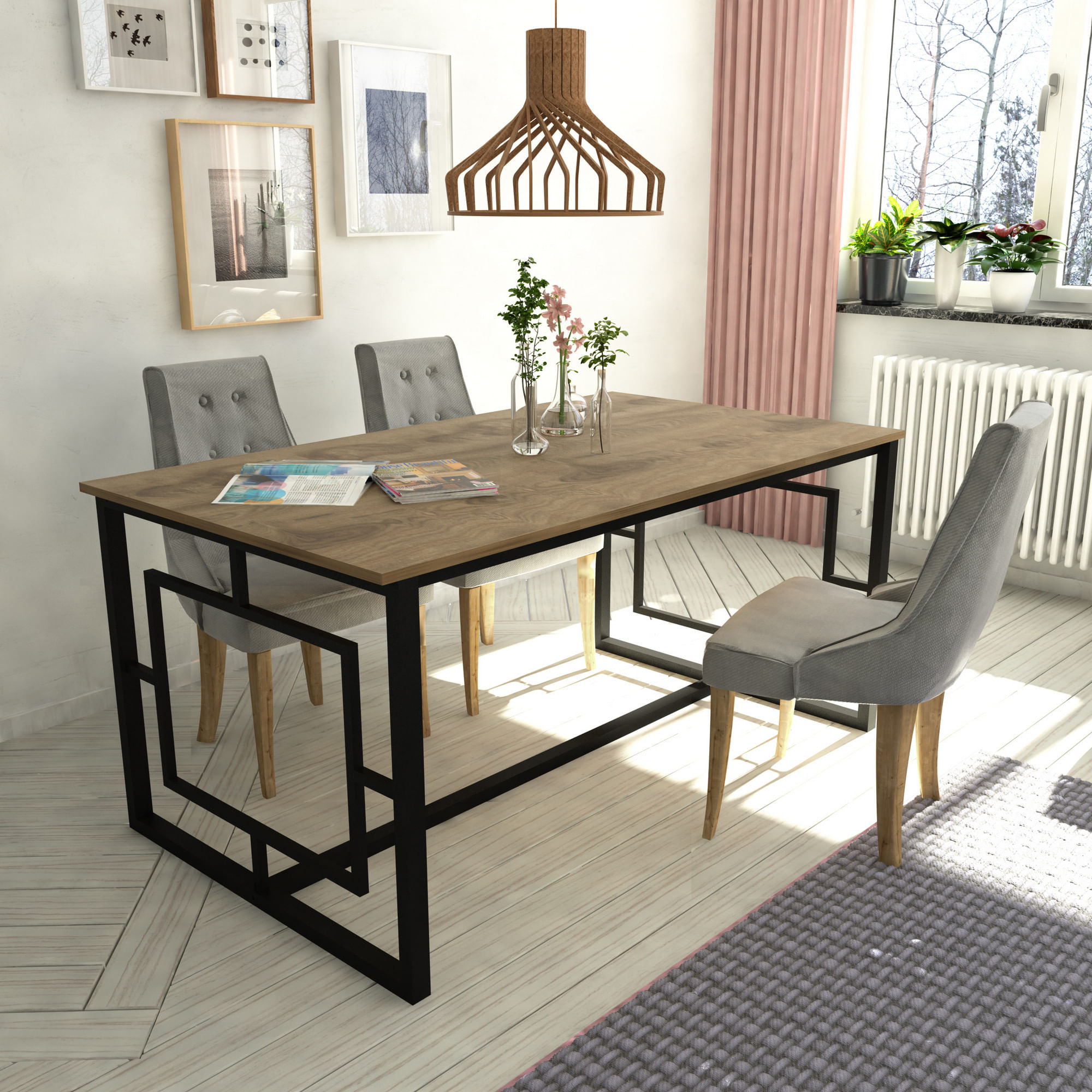 Masa dining, Hanah Home, panou aglomerat melaminat, nuc si negru, 160x90x76 cm — imaginea 3